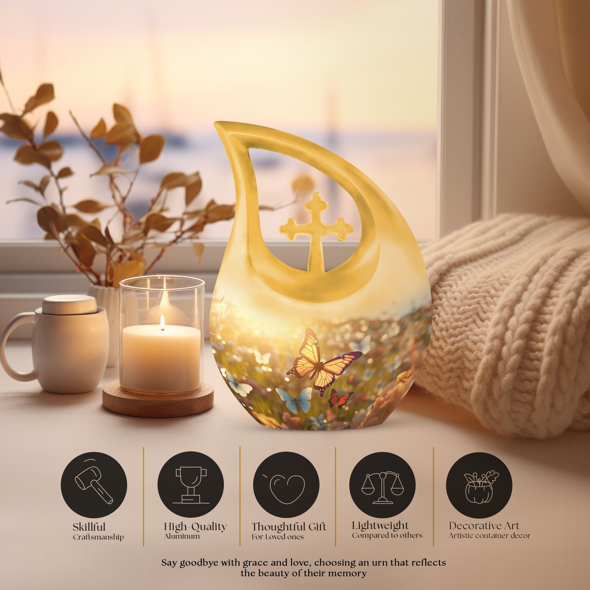 10 inch Butterfly-themed Cross Drop memorial urn,