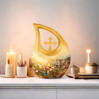 10 inch Butterfly-themed Cross Drop memorial urn,
