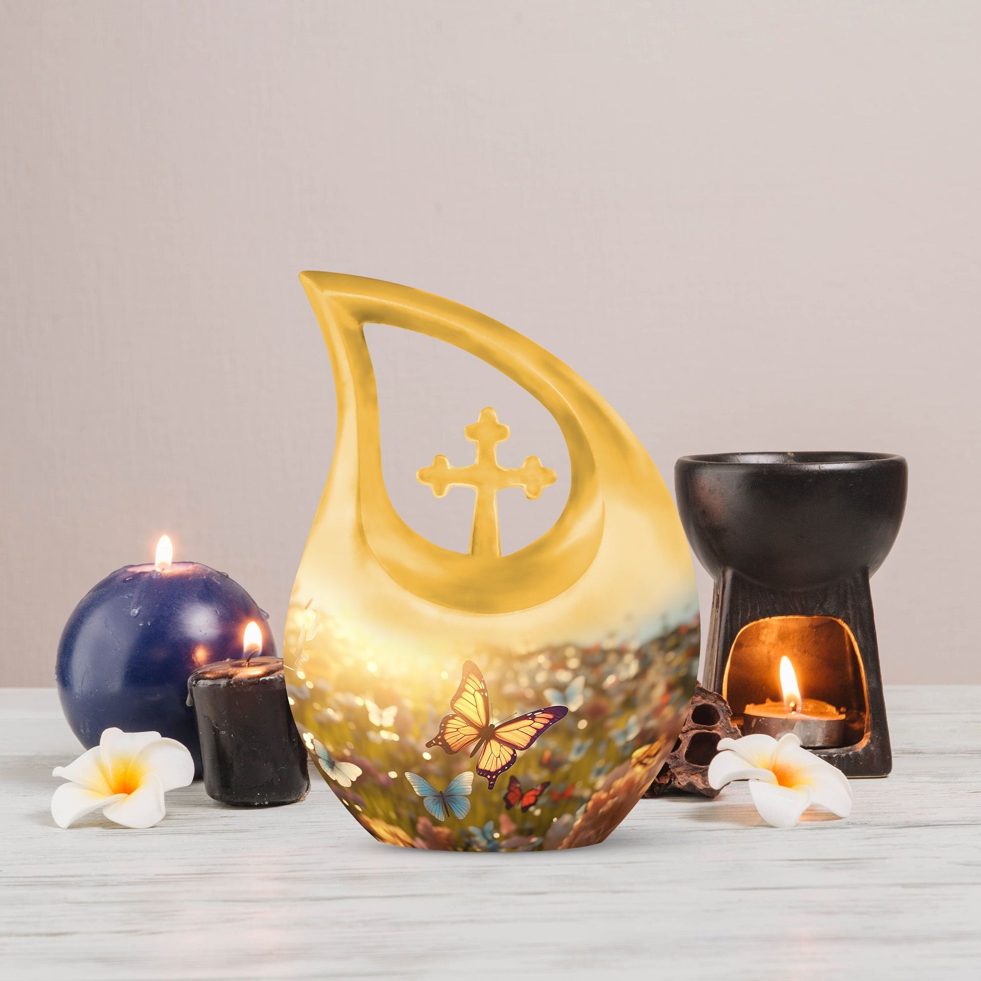 10 inch Butterfly-themed Cross Drop memorial urn,