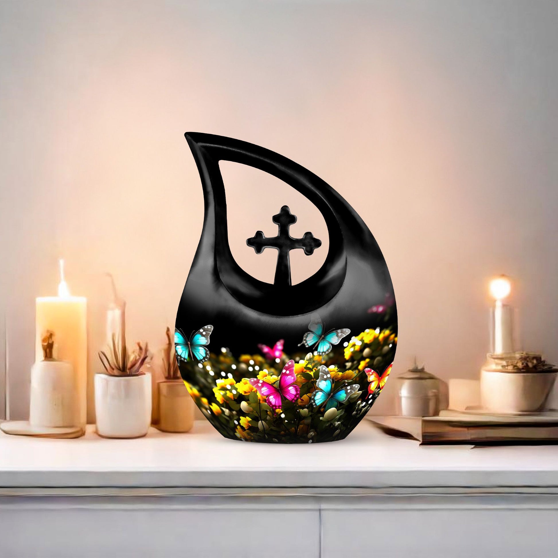 Butterfly-themed Cross Drop memorial urn, Personalized 