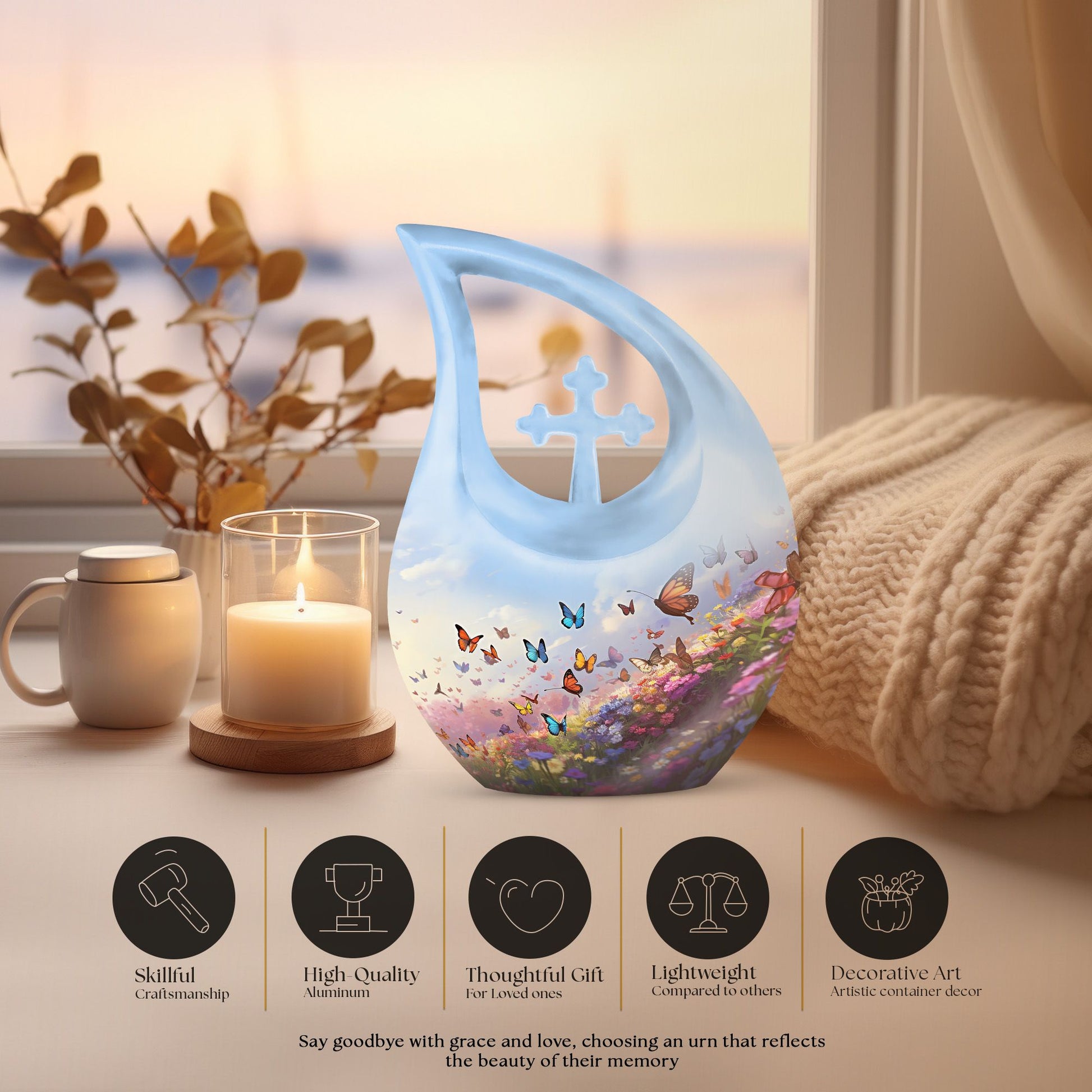 10-inch Butterfly Urn with Cross Drop Design,