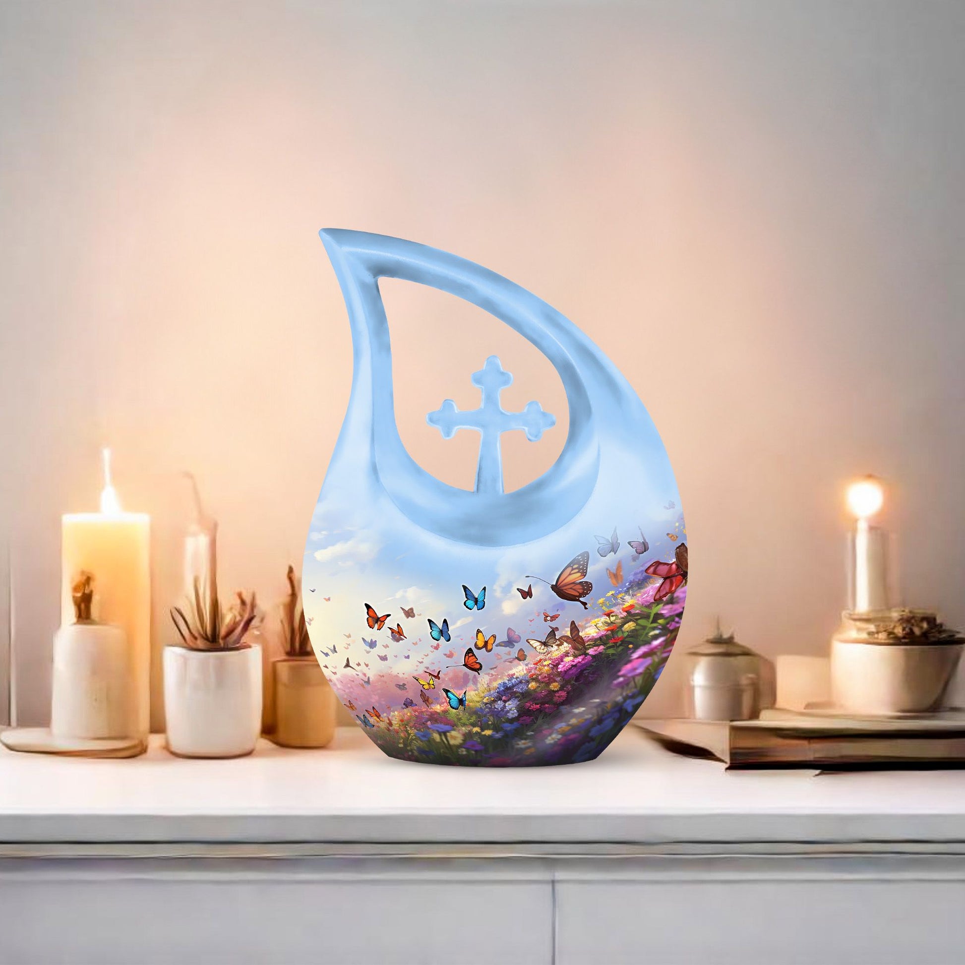 10-inch Butterfly Urn with Cross Drop Design,