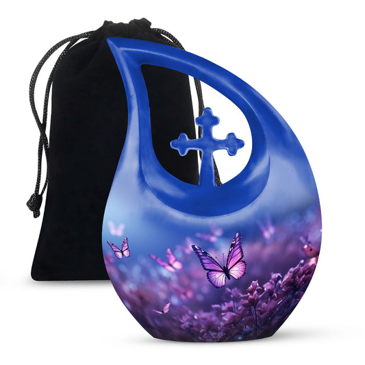 Butterfly Themed Cross Drop Memorial Urn, 