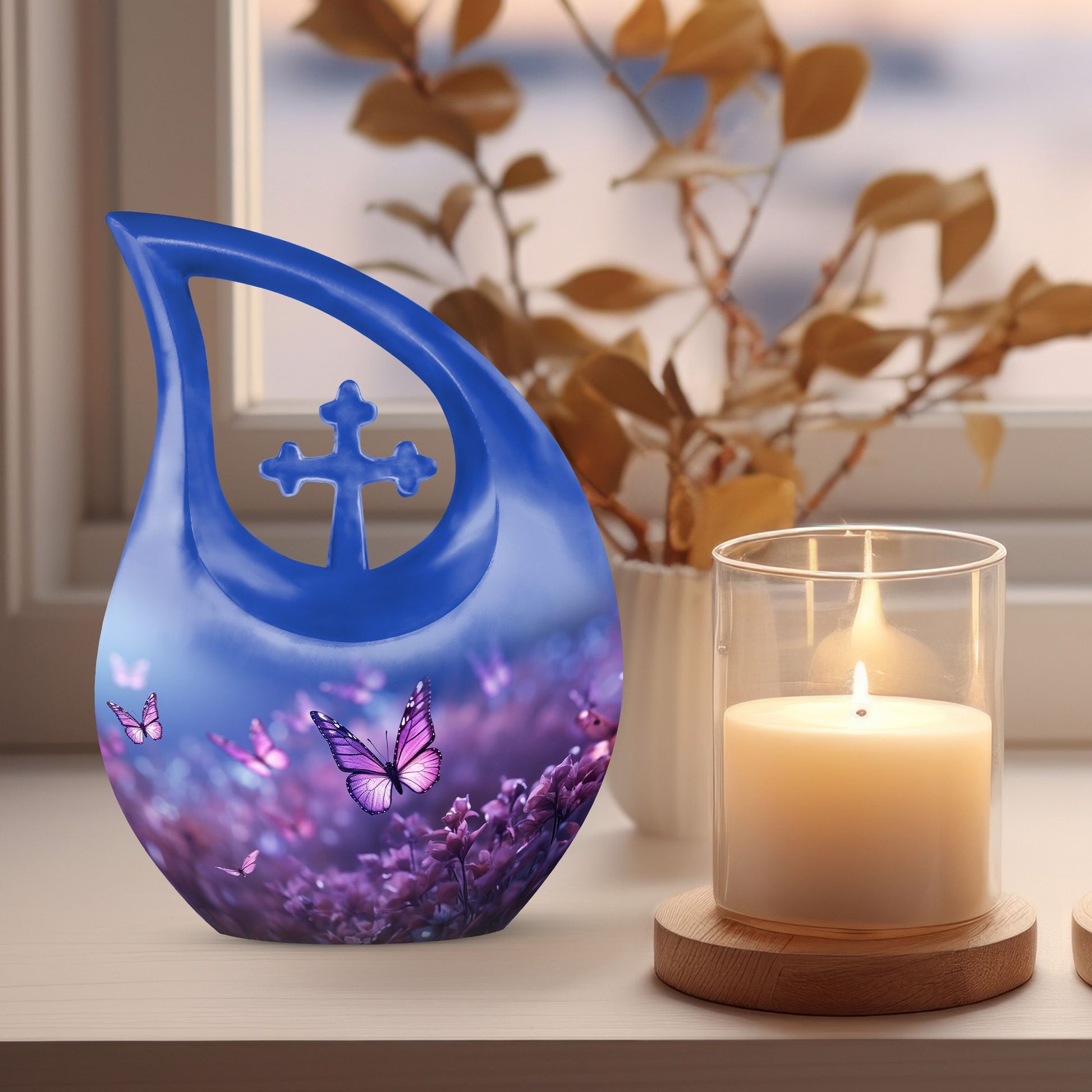 Butterfly Themed Cross Drop Memorial Urn, 