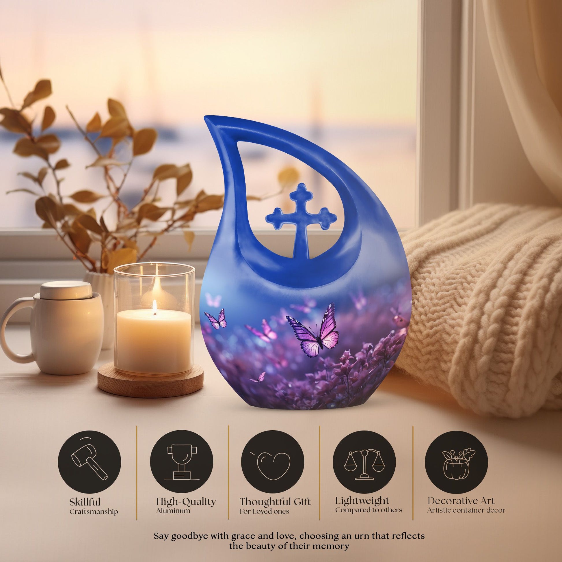 Butterfly Themed Cross Drop Memorial Urn, 