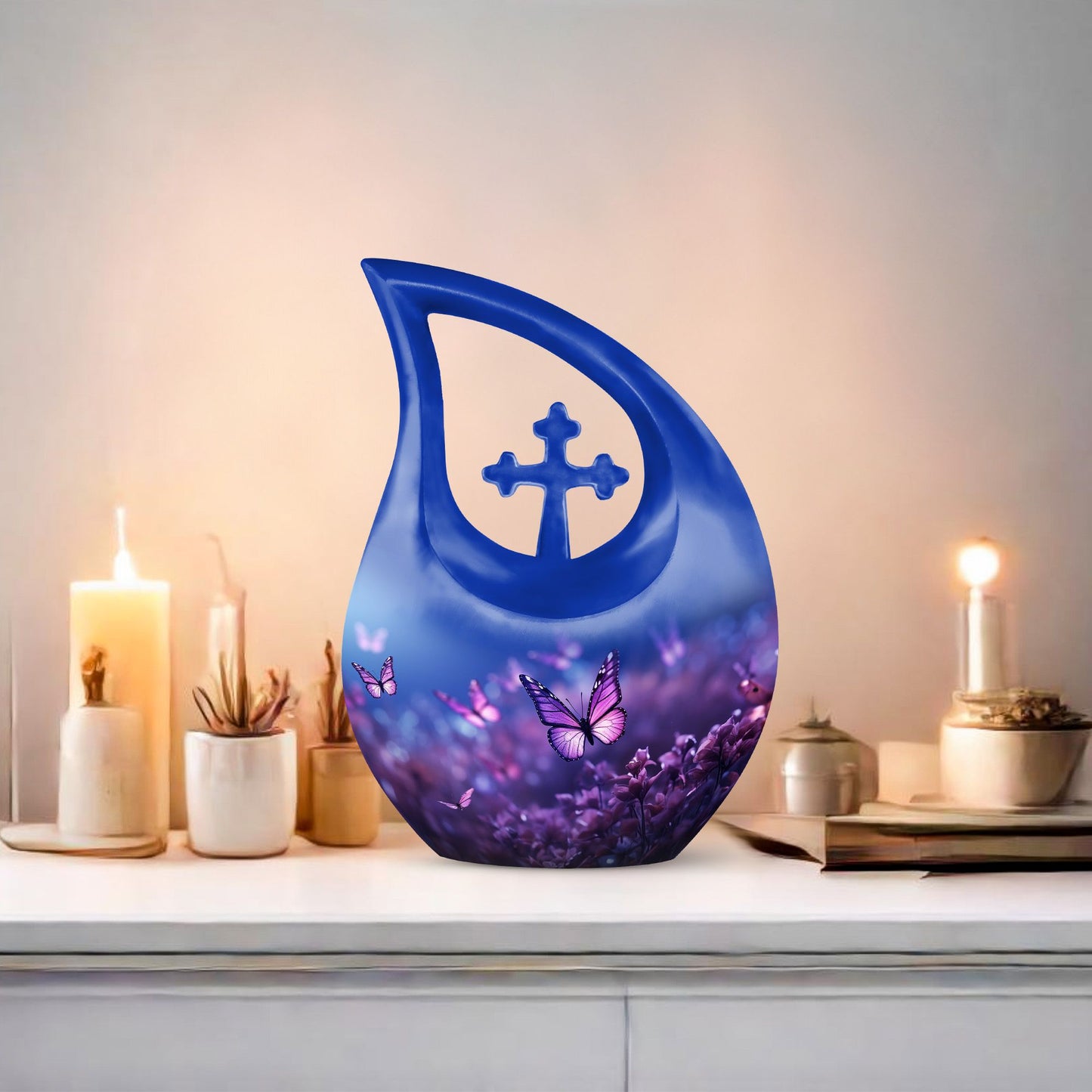 Butterfly Themed Cross Drop Memorial Urn, 