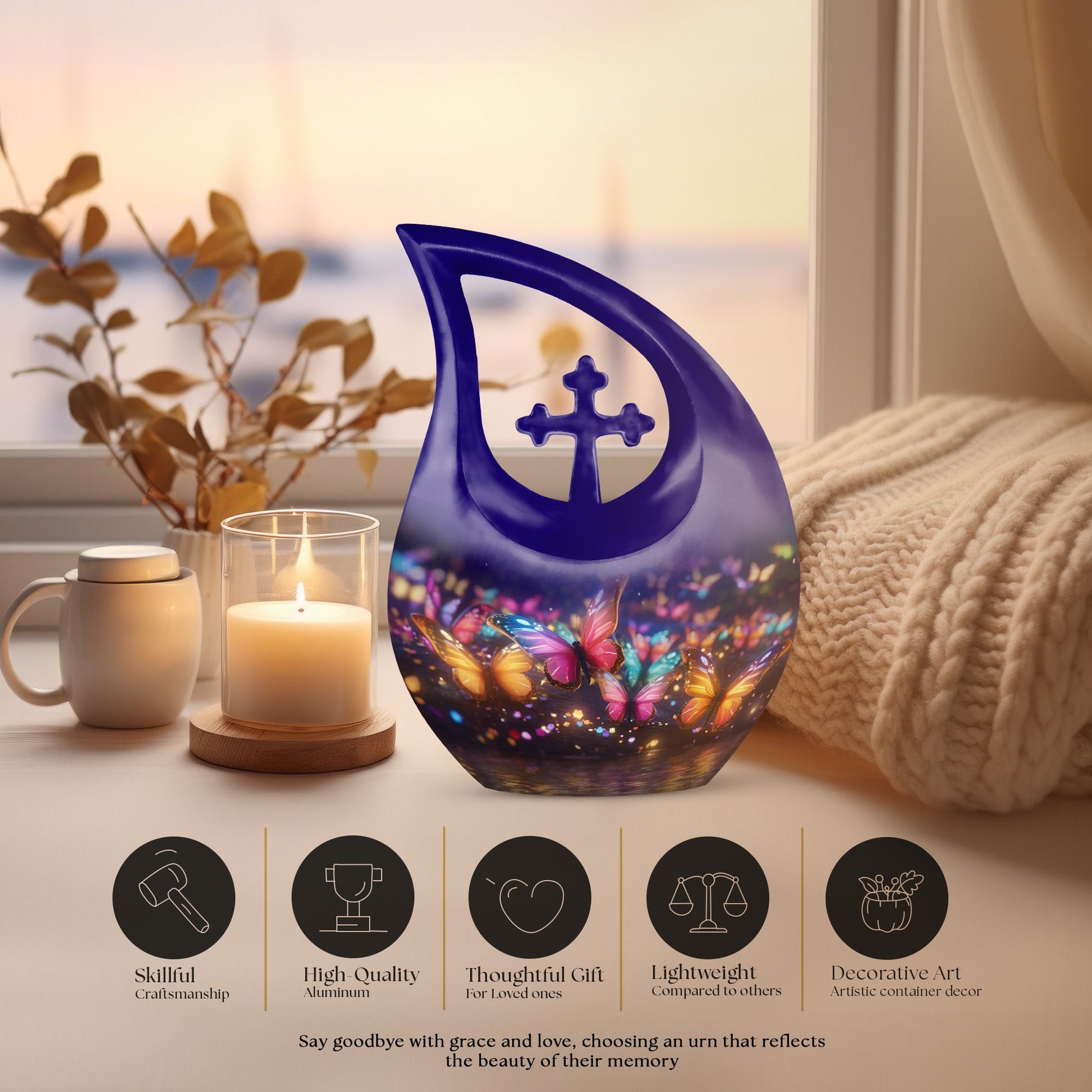 10-Inch Butterfly Memorial Urn with Cross Drop