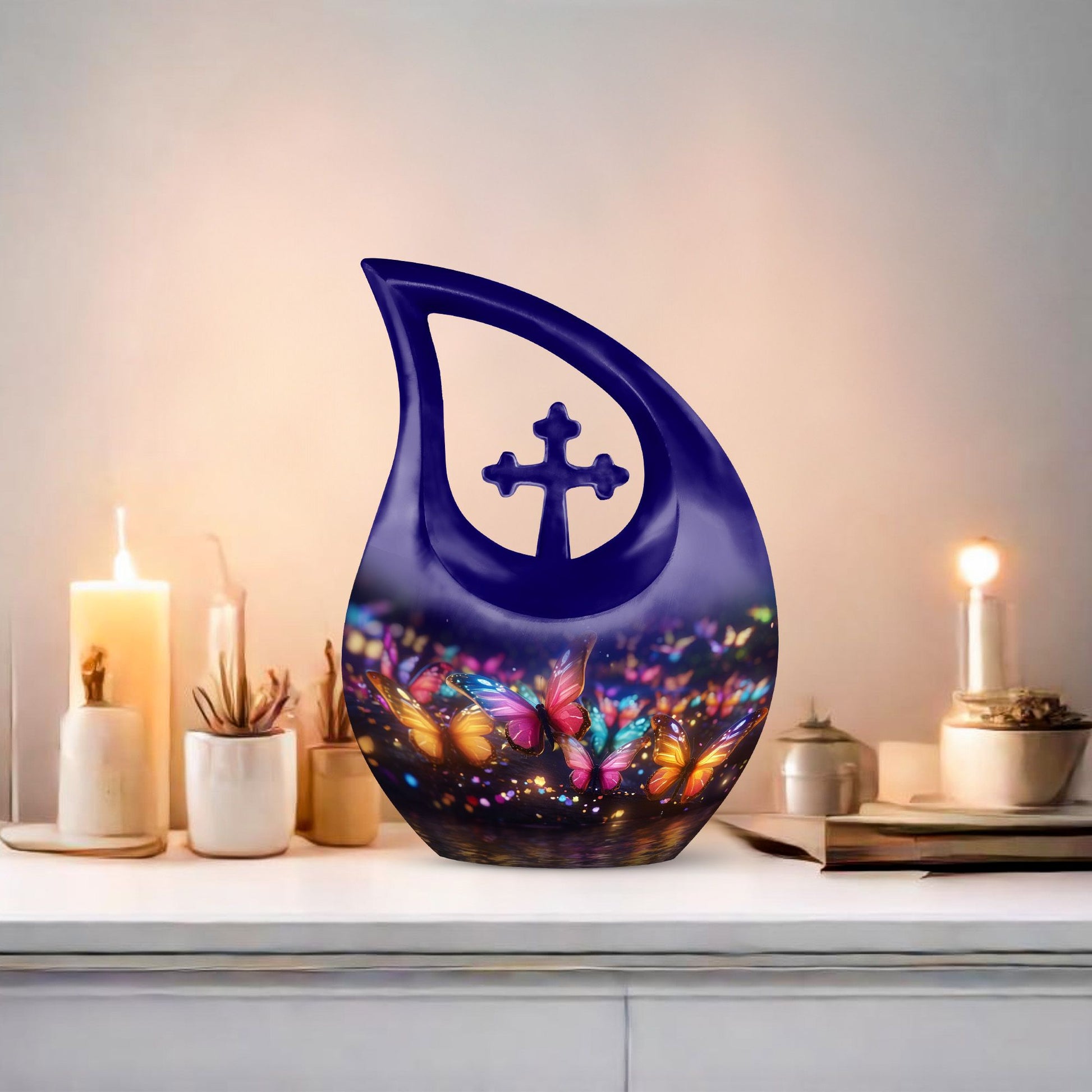 10-Inch Butterfly Memorial Urn with Cross Drop