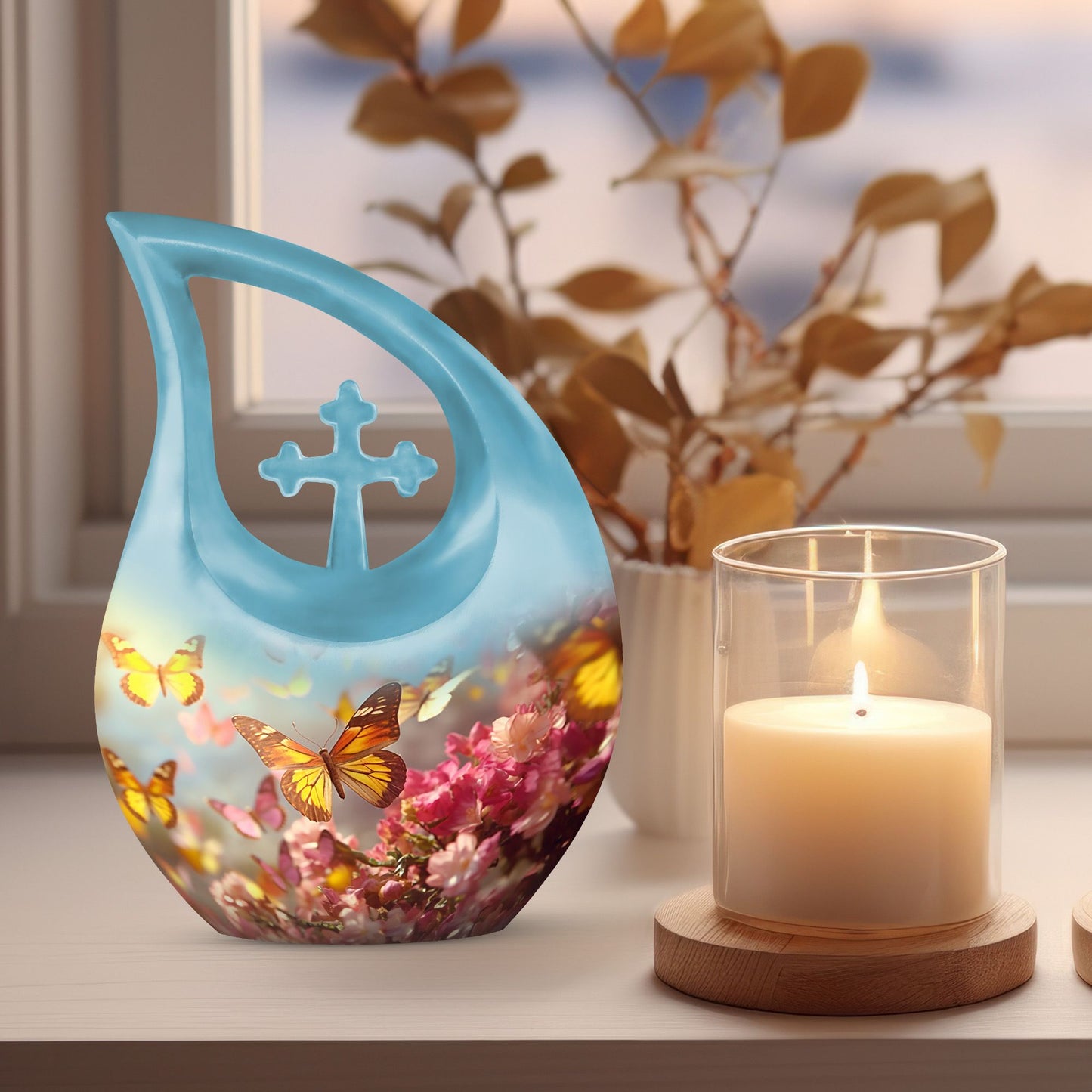 10-inch Butterfly Urn with Cross Drop Design