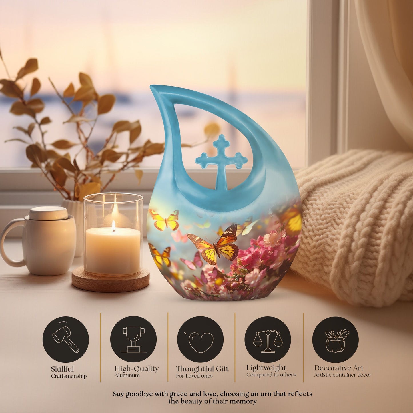 10-inch Butterfly Urn with Cross Drop Design