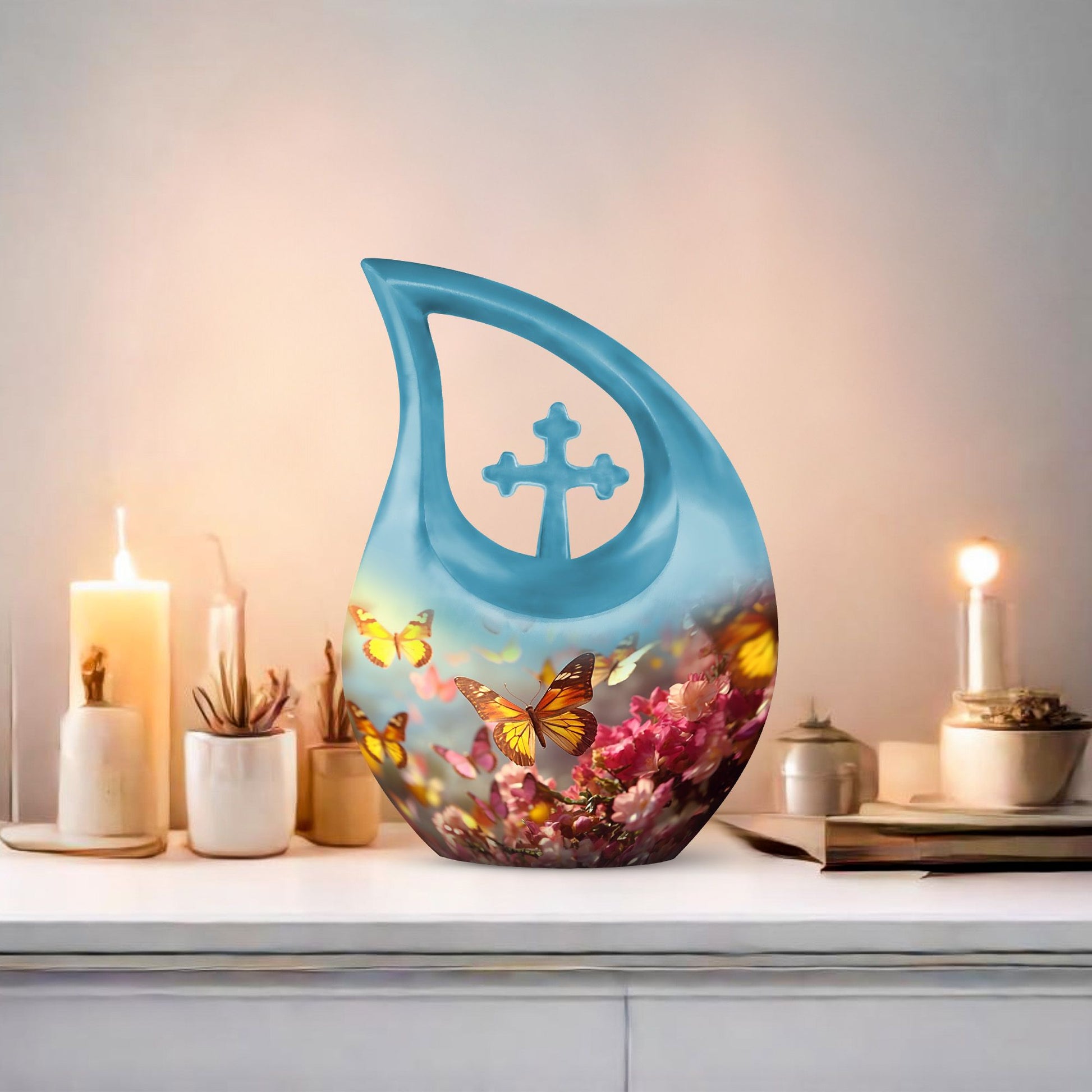 10-inch Butterfly Urn with Cross Drop Design