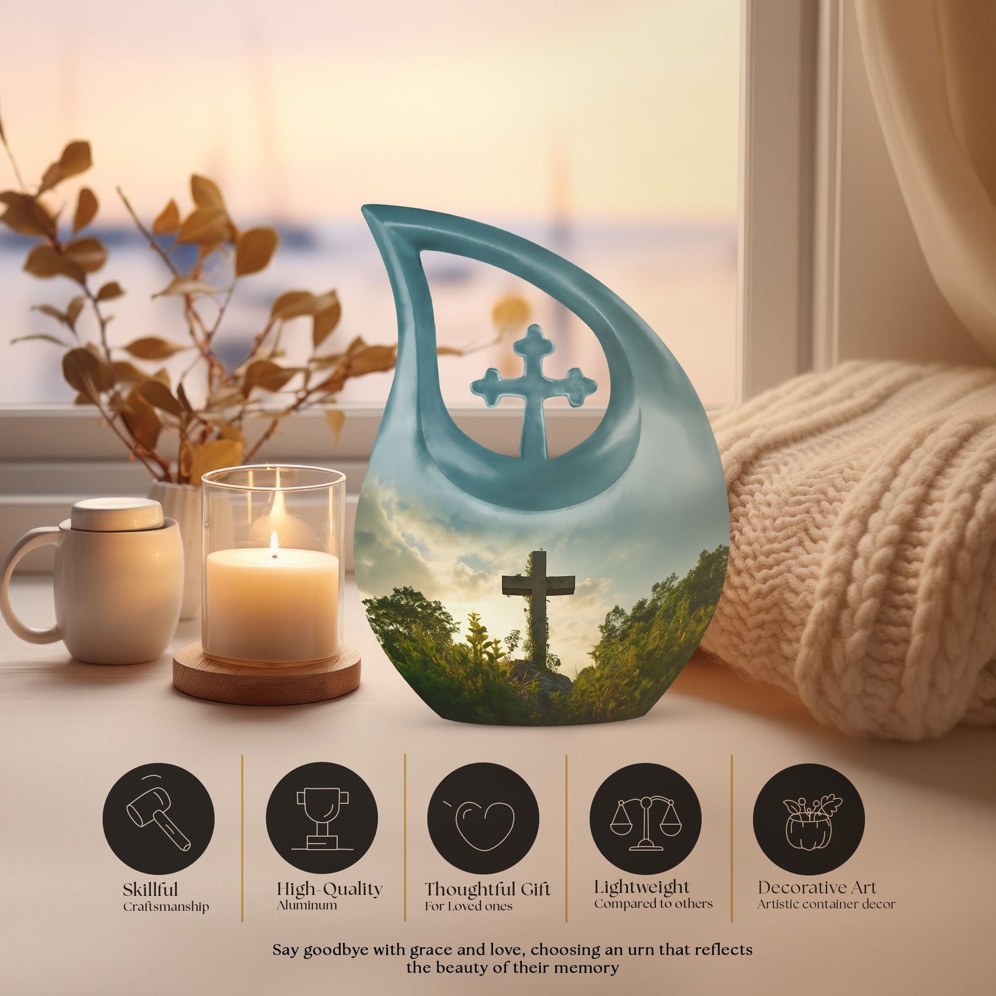 10-inch Jesus Christ urn with Cross Drop design, suitable 