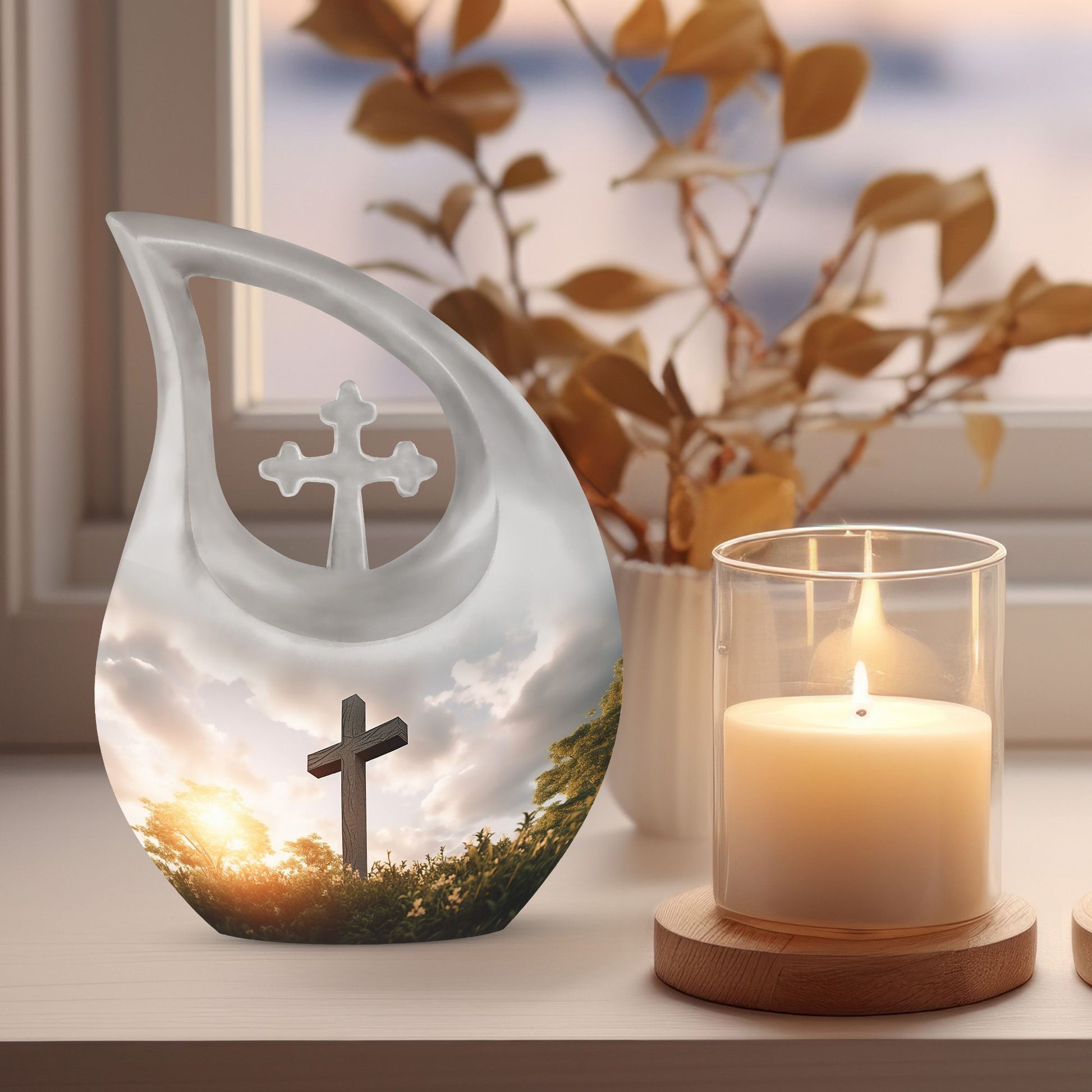 10-inch Jesus Christ Urn, Cross Drop design, 