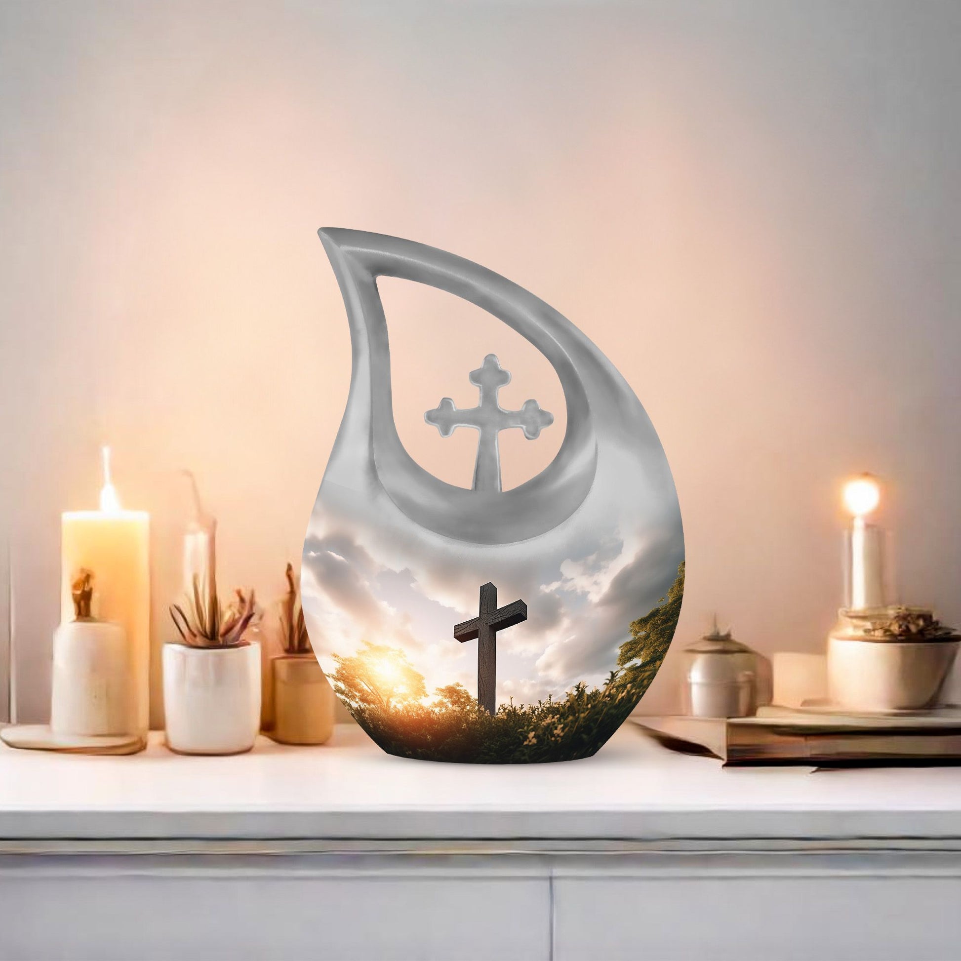 10-inch Jesus Christ Urn, Cross Drop design, 