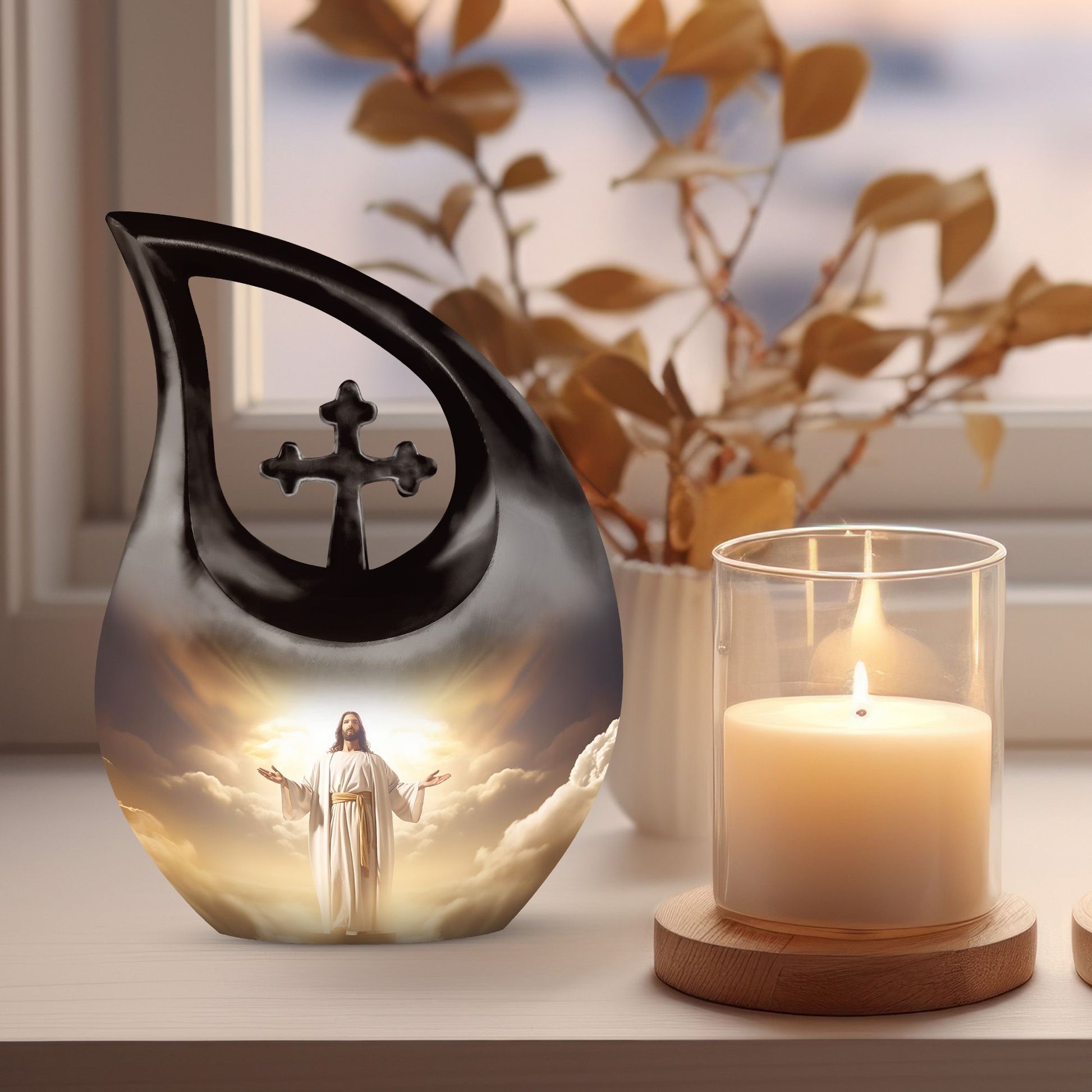 10 inch Jesus Christ themed Cross Drop urn, 