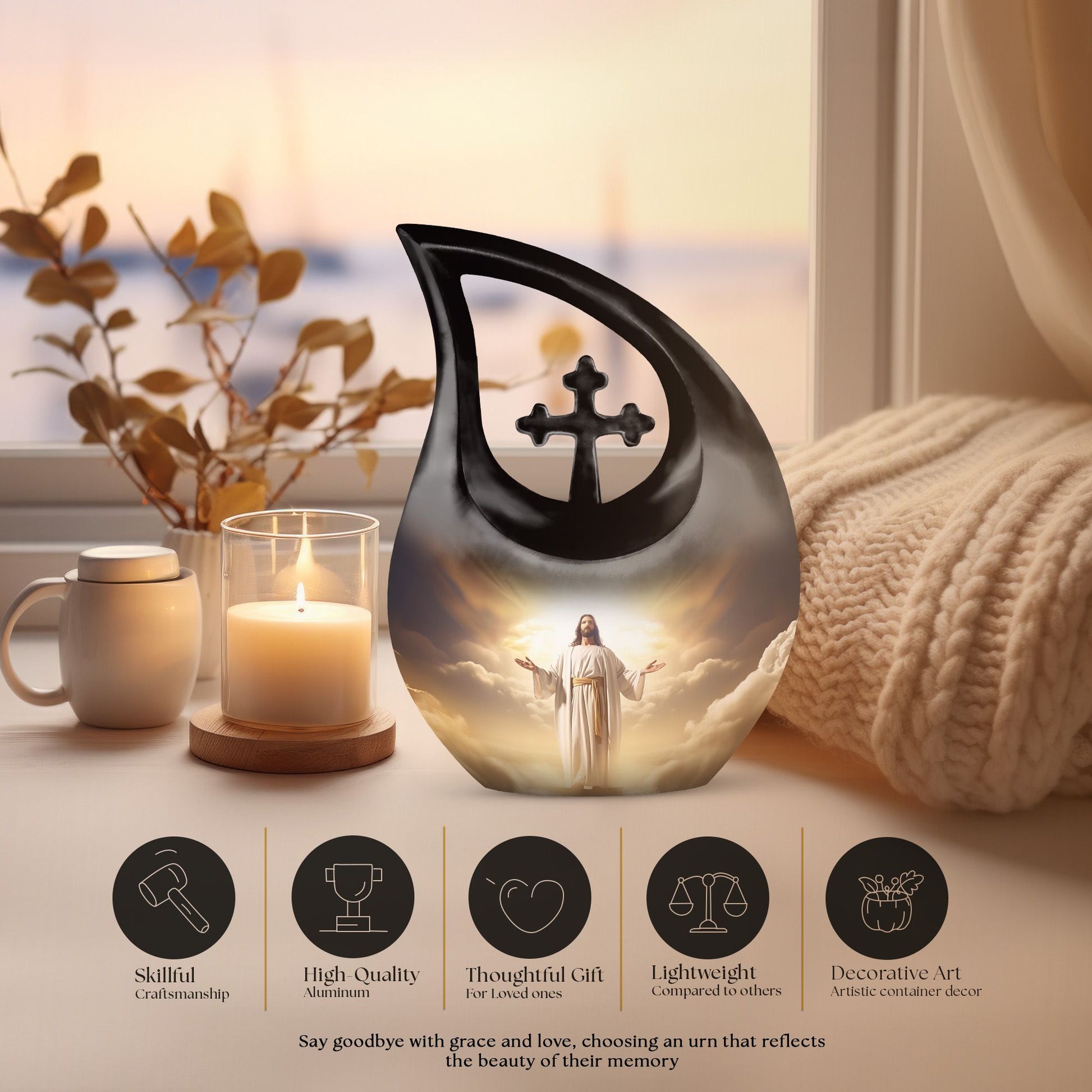 10 inch Jesus Christ themed Cross Drop urn, 