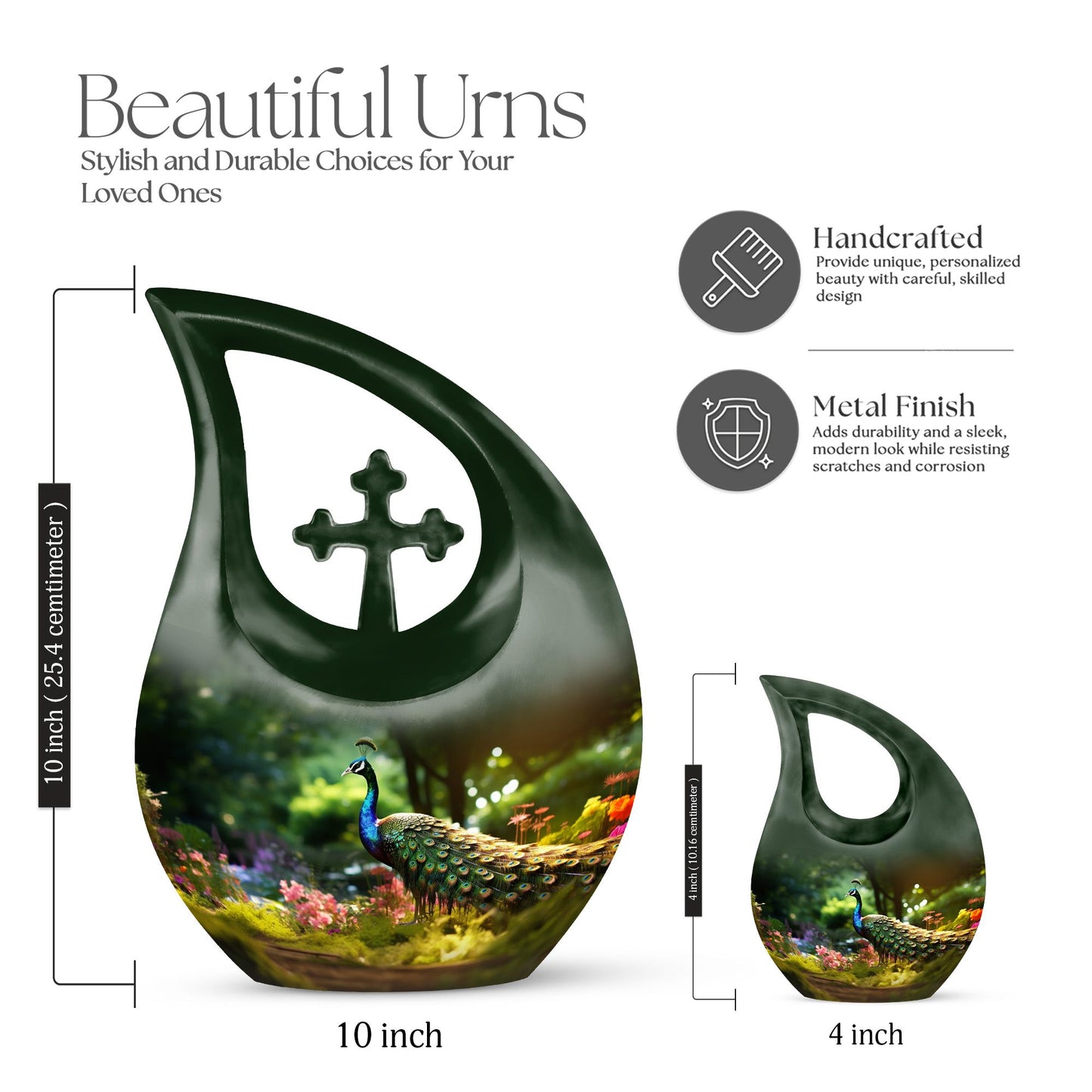10 Inch Peacock Urn in Cross Drop Design, Miniature Blue 