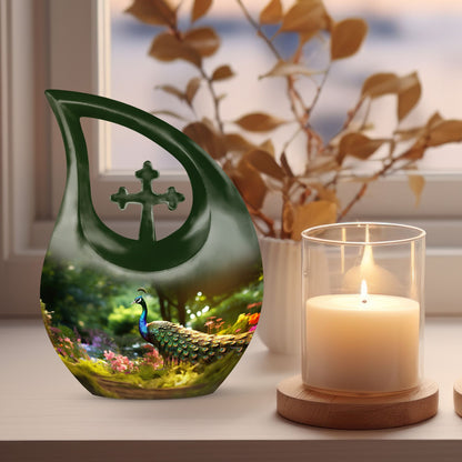 10 Inch Peacock Urn in Cross Drop Design, Miniature Blue 