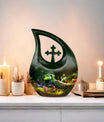 10 Inch Peacock Urn in Cross Drop Design, Miniature Blue 