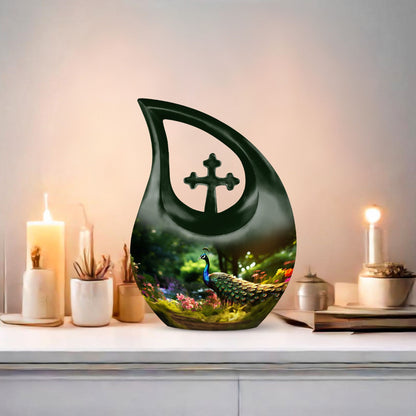 10 Inch Peacock Urn in Cross Drop Design, Miniature Blue 