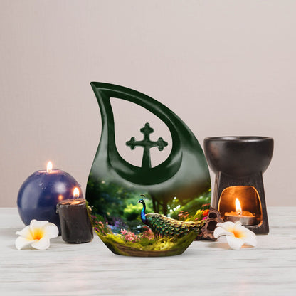 10 Inch Peacock Urn in Cross Drop Design, Miniature Blue 