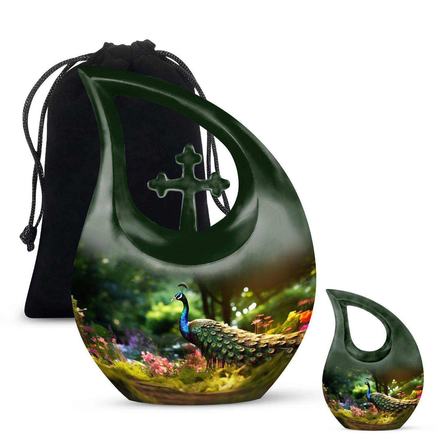 10 Inch Peacock Urn in Cross Drop Design, Miniature Blue 