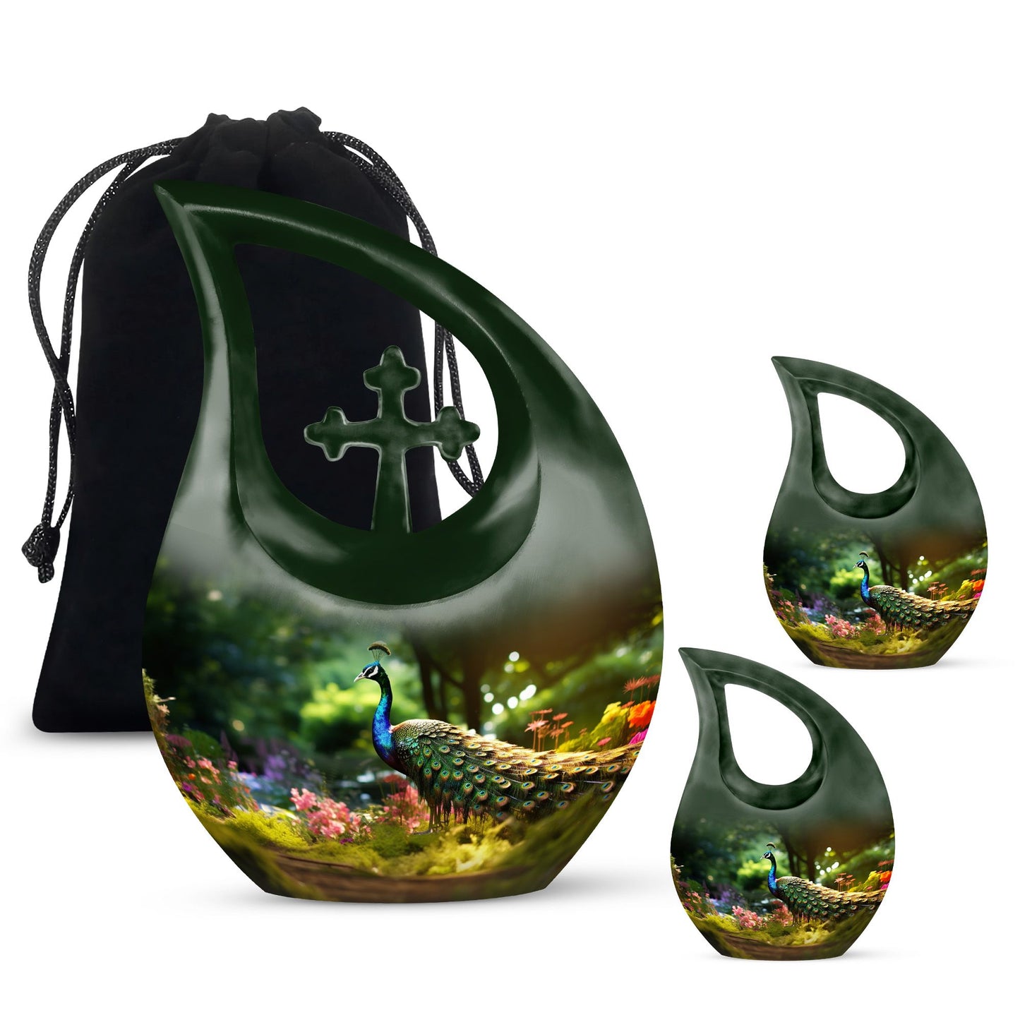 10 Inch Peacock Urn in Cross Drop Design, Miniature Blue 