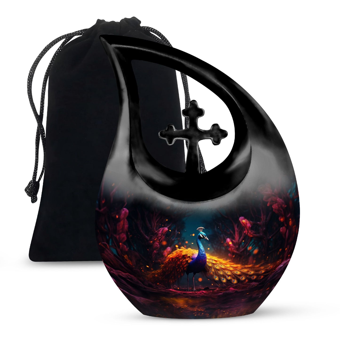 10-inch Peacock urn with Cross Drop design, metal cremation