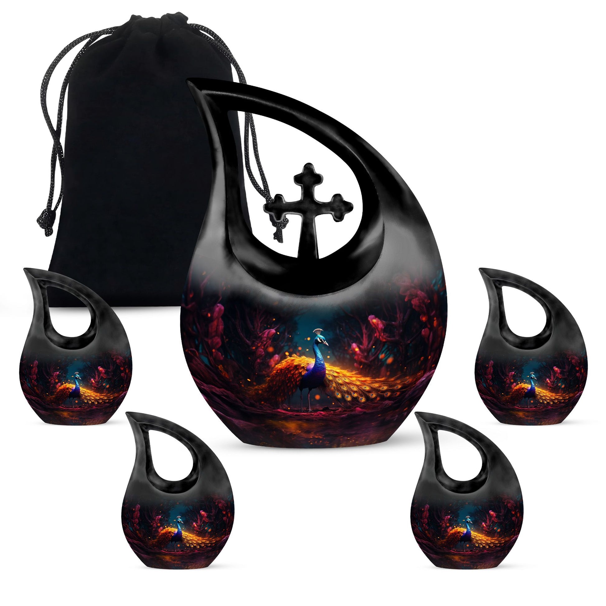10-inch Peacock urn with Cross Drop design, metal cremation