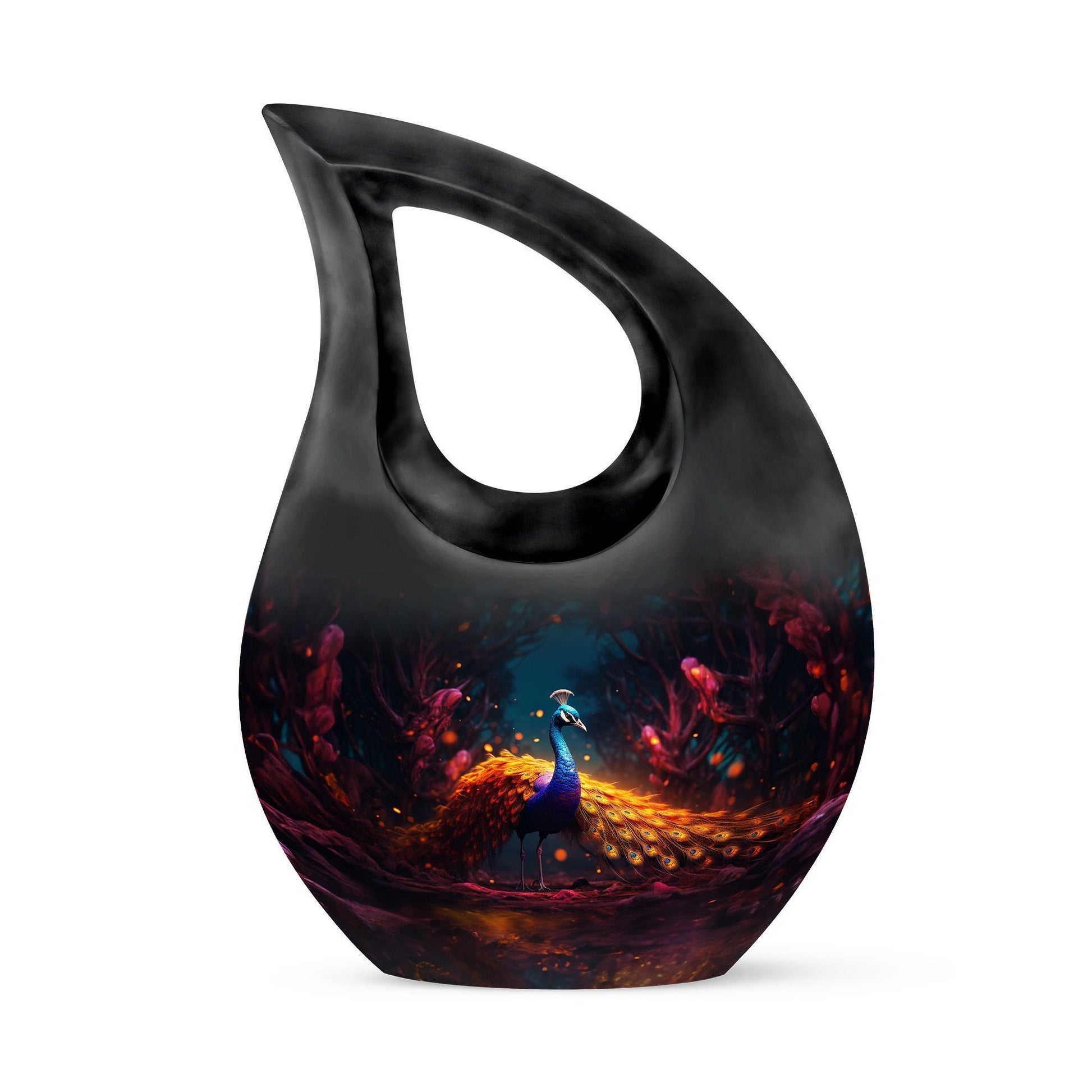 10-inch Peacock urn with Cross Drop design, metal cremation