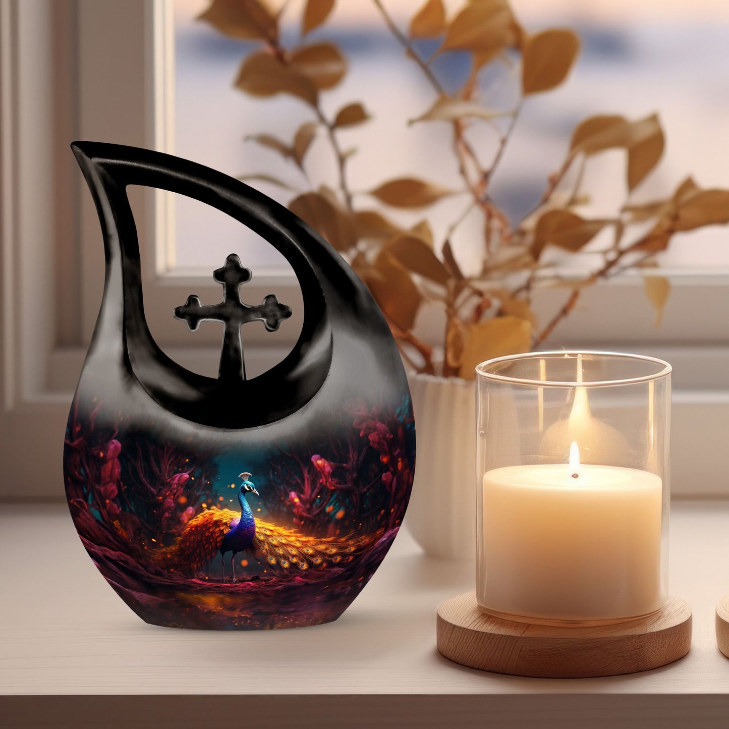 10-inch Peacock urn with Cross Drop design, metal cremation