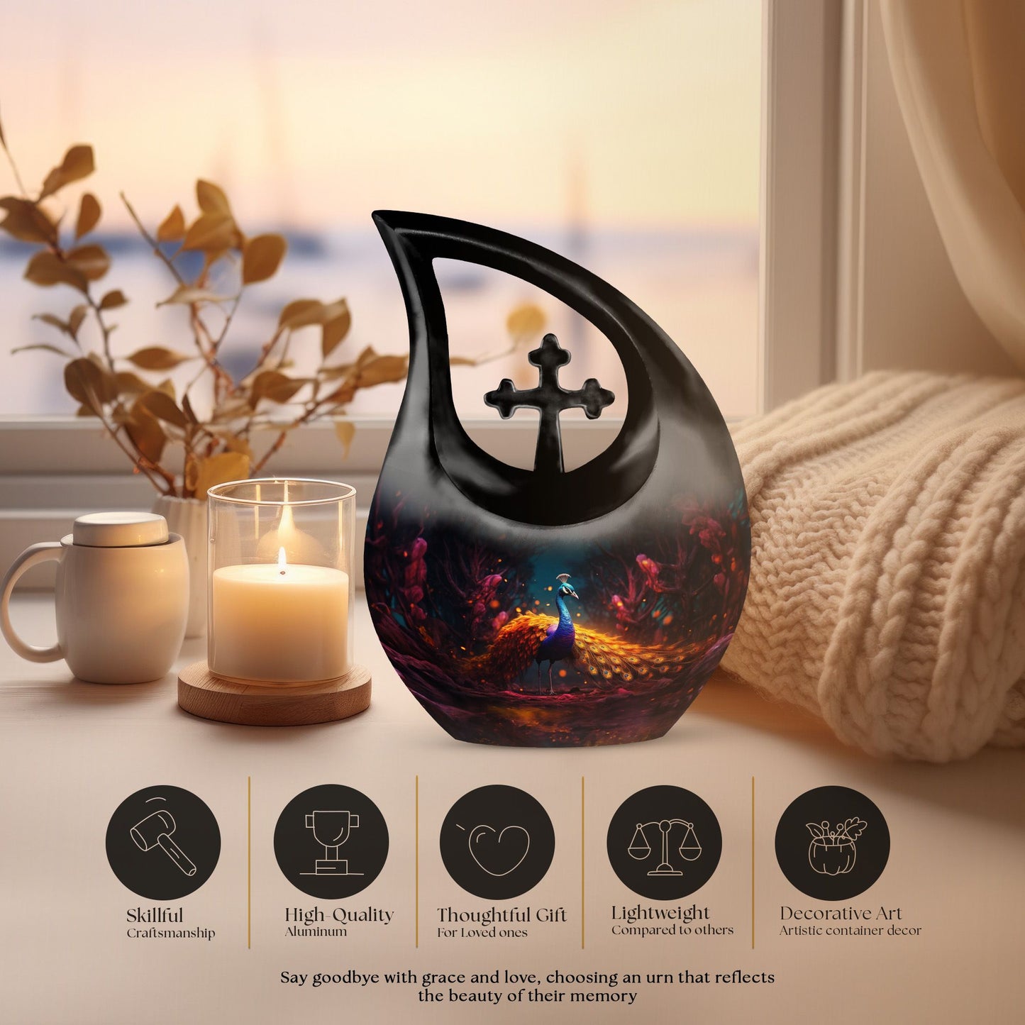 10-inch Peacock urn with Cross Drop design, metal cremation