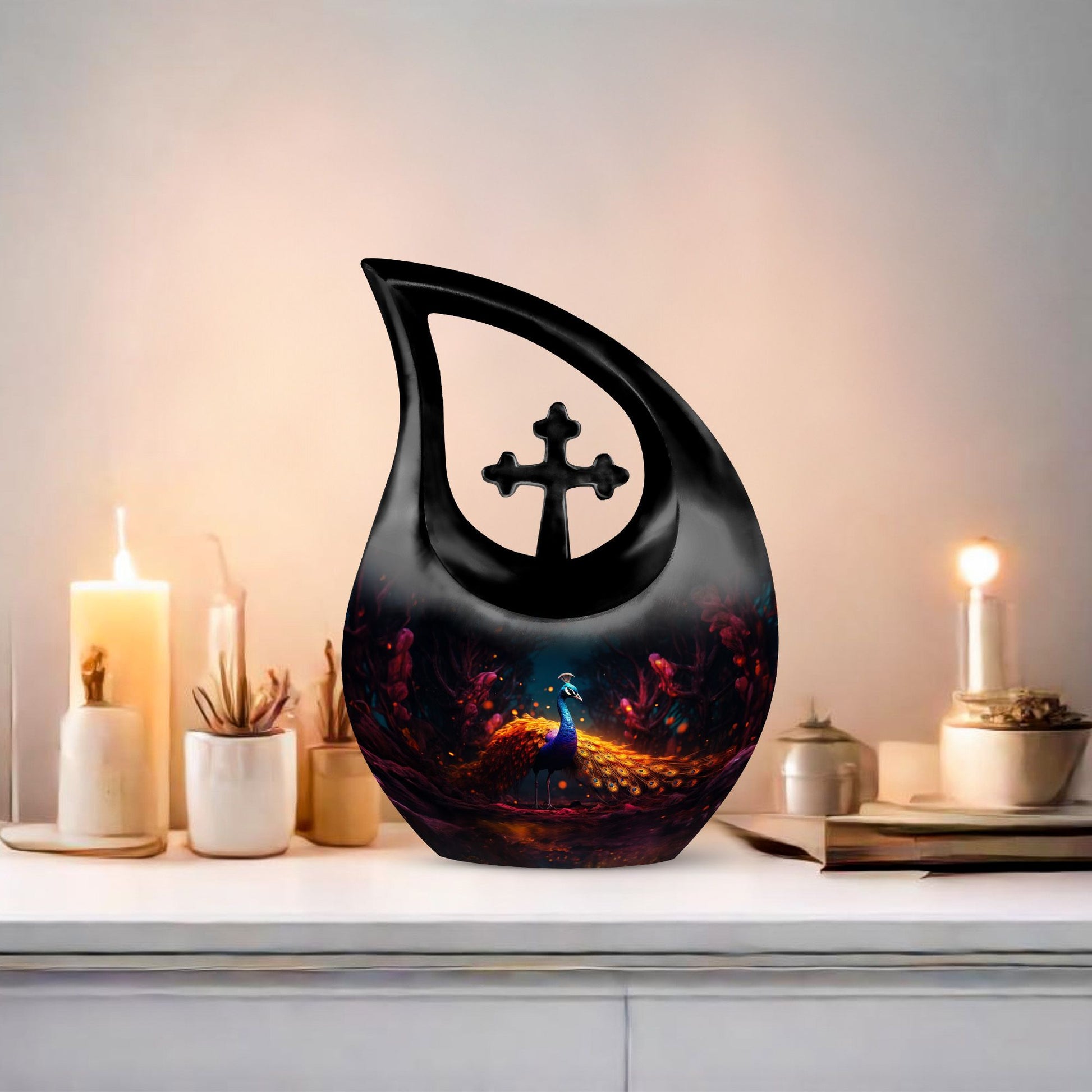 10-inch Peacock urn with Cross Drop design, metal cremation