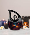 10-inch Peacock urn with Cross Drop design, metal cremation