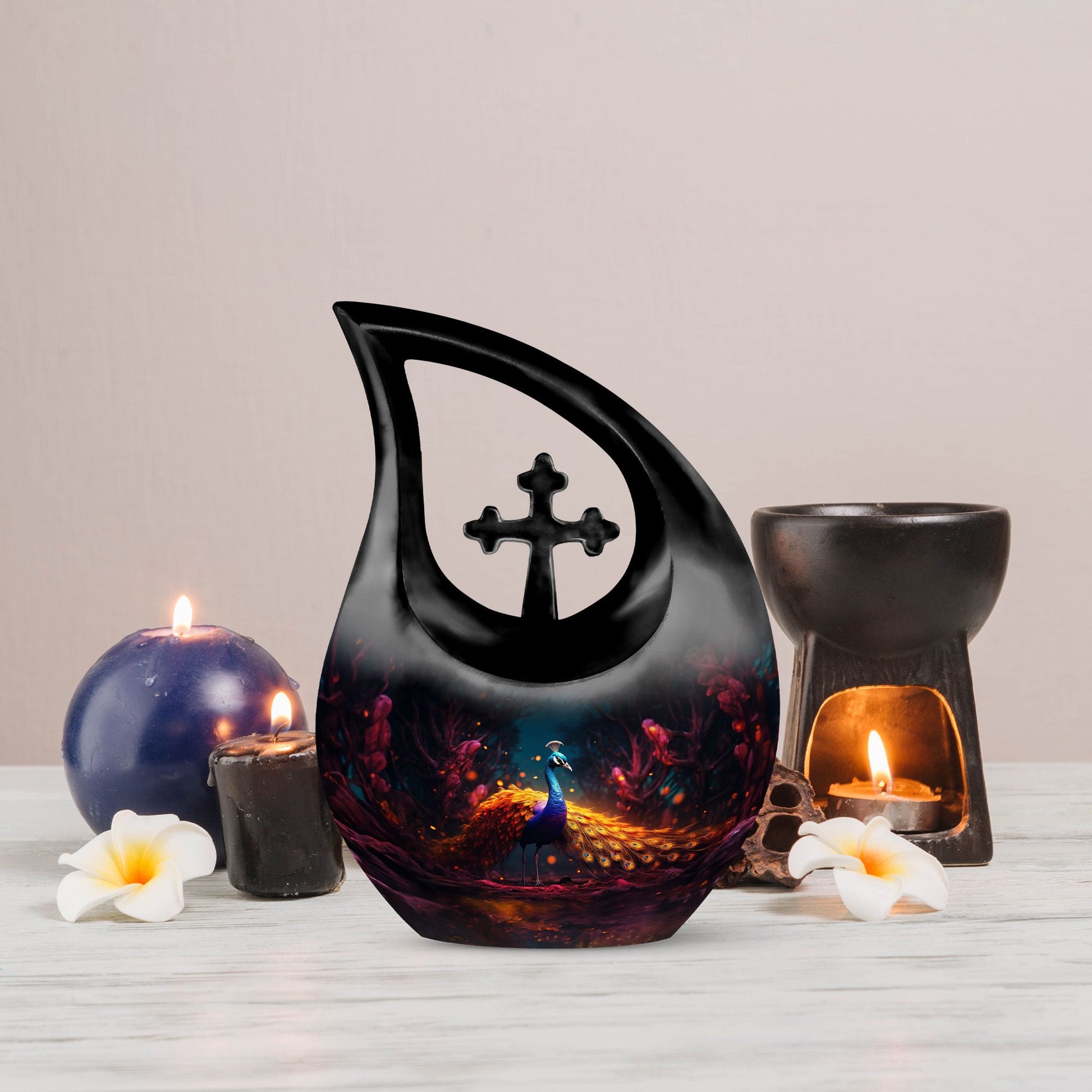 10-inch Peacock urn with Cross Drop design, metal cremation