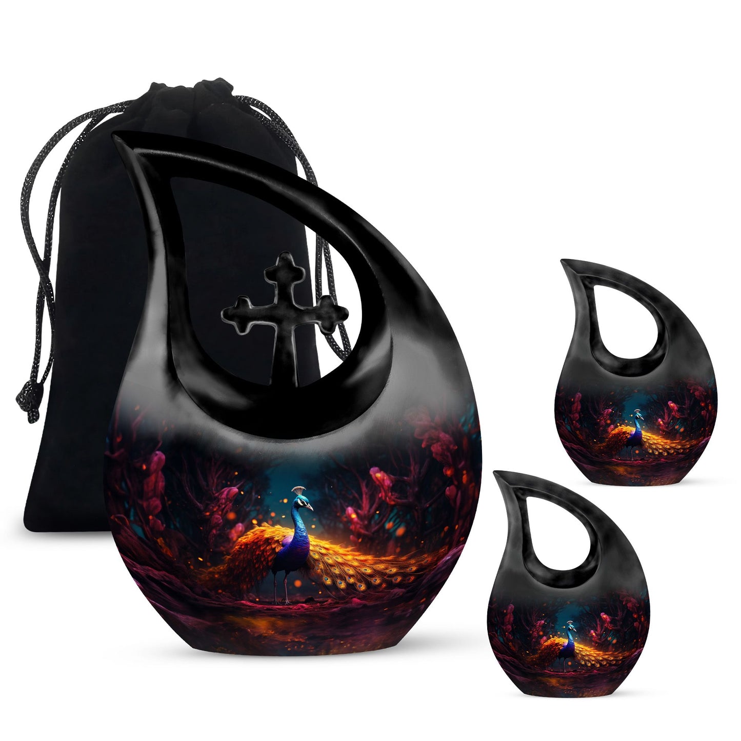 10-inch Peacock urn with Cross Drop design, metal cremation