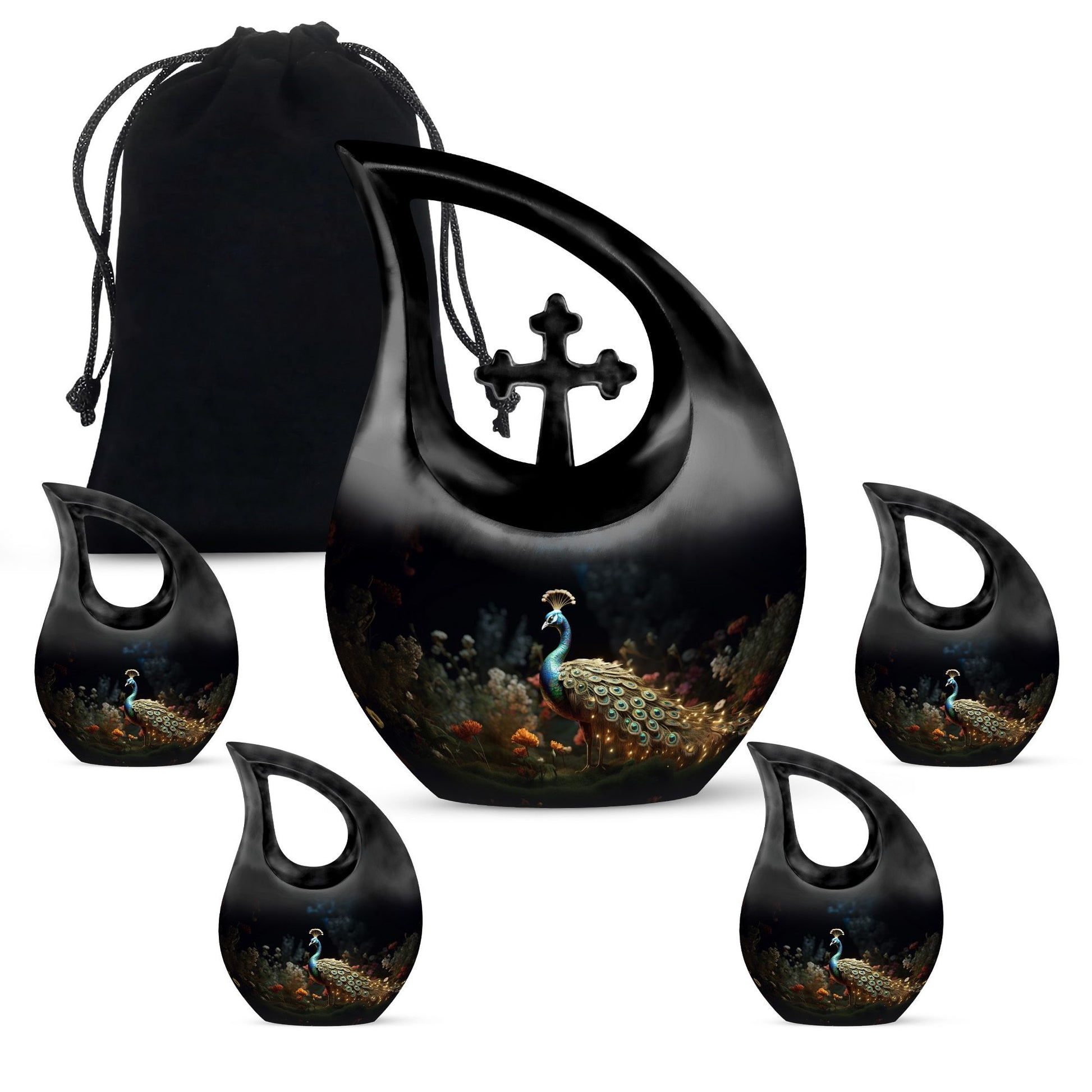 Peacock-themed Cross Drop affordable urn, personalized 