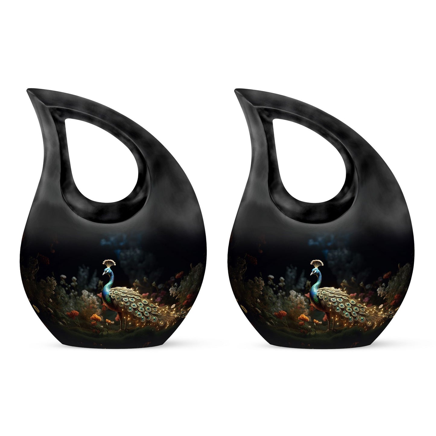 Peacock-themed Cross Drop affordable urn, personalized 