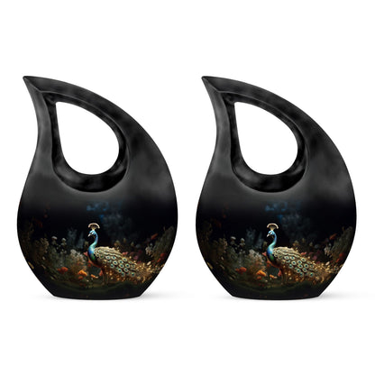 Peacock-themed Cross Drop affordable urn, personalized 