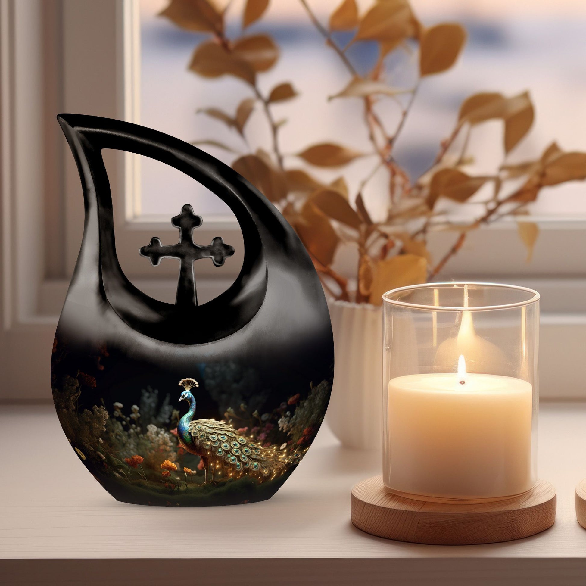Peacock-themed Cross Drop affordable urn, personalized 