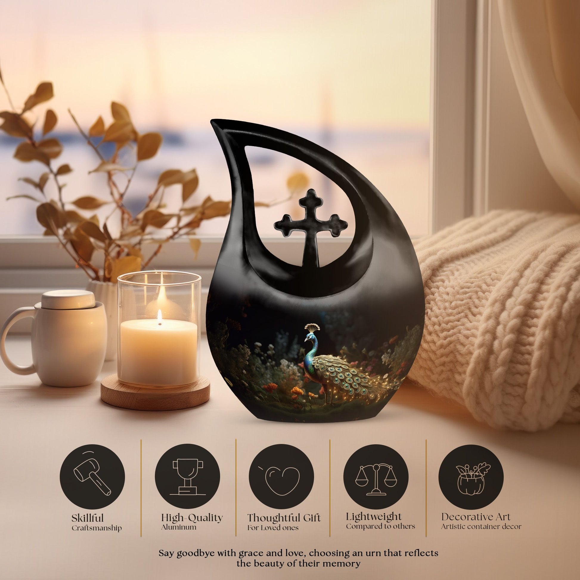 Peacock-themed Cross Drop affordable urn, personalized 