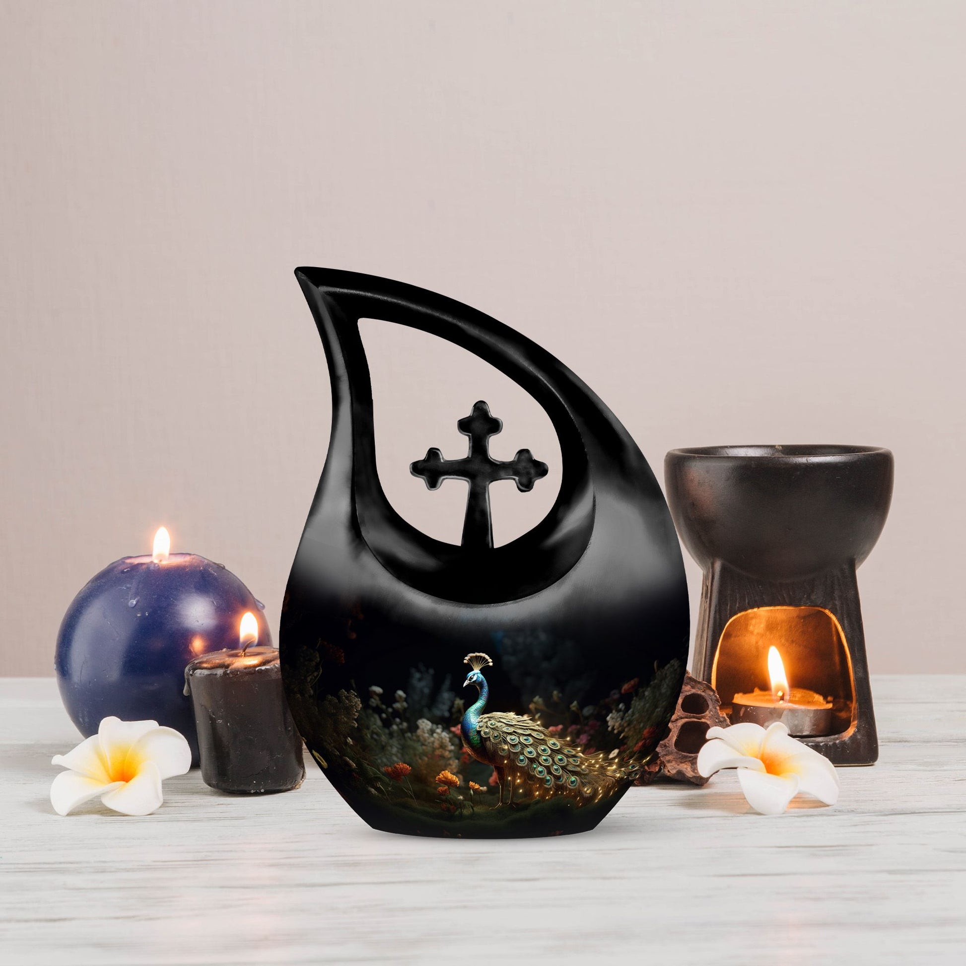 Peacock-themed Cross Drop affordable urn, personalized 