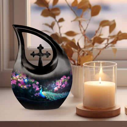 10-inch Peacock Themed Cross Drop Large Urn 