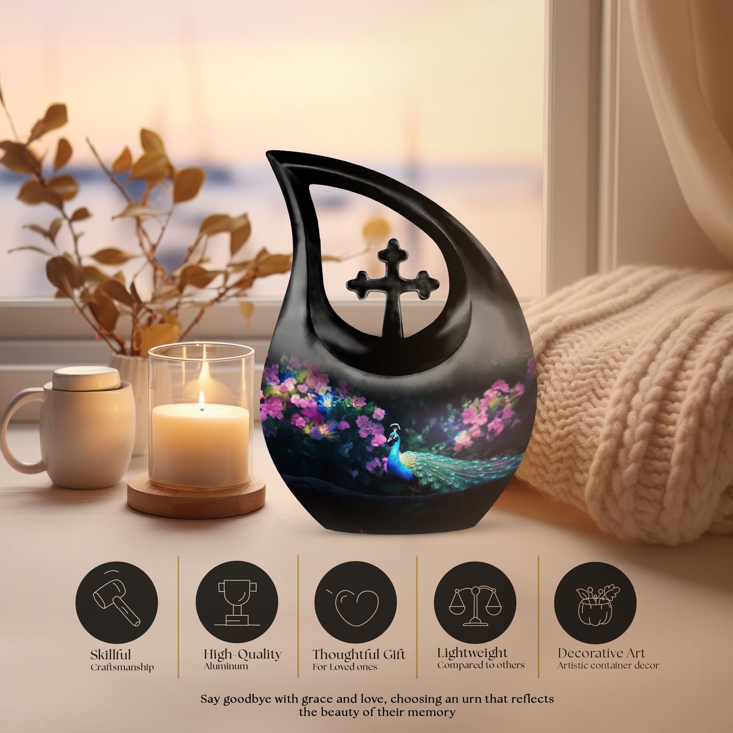 10-inch Peacock Themed Cross Drop Large Urn 