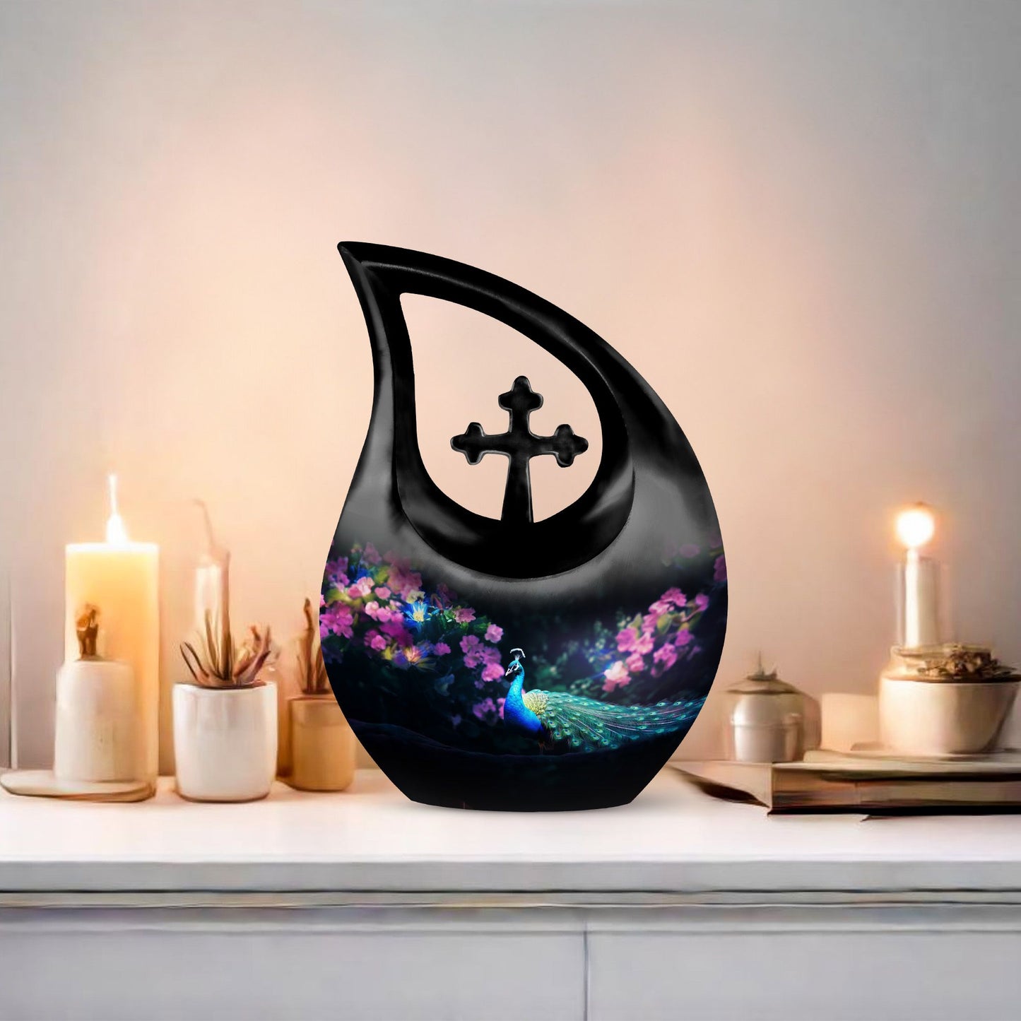 10-inch Peacock Themed Cross Drop Large Urn 