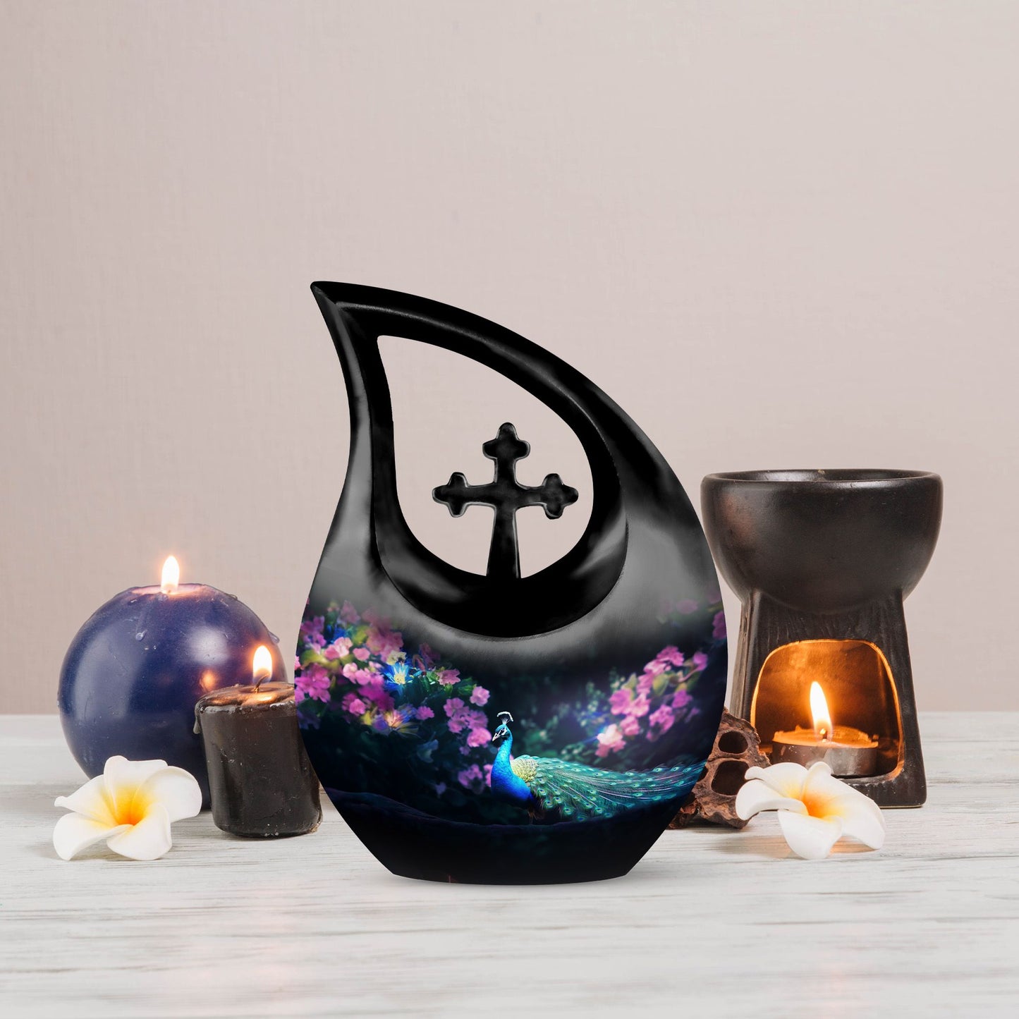 10-inch Peacock Themed Cross Drop Large Urn 