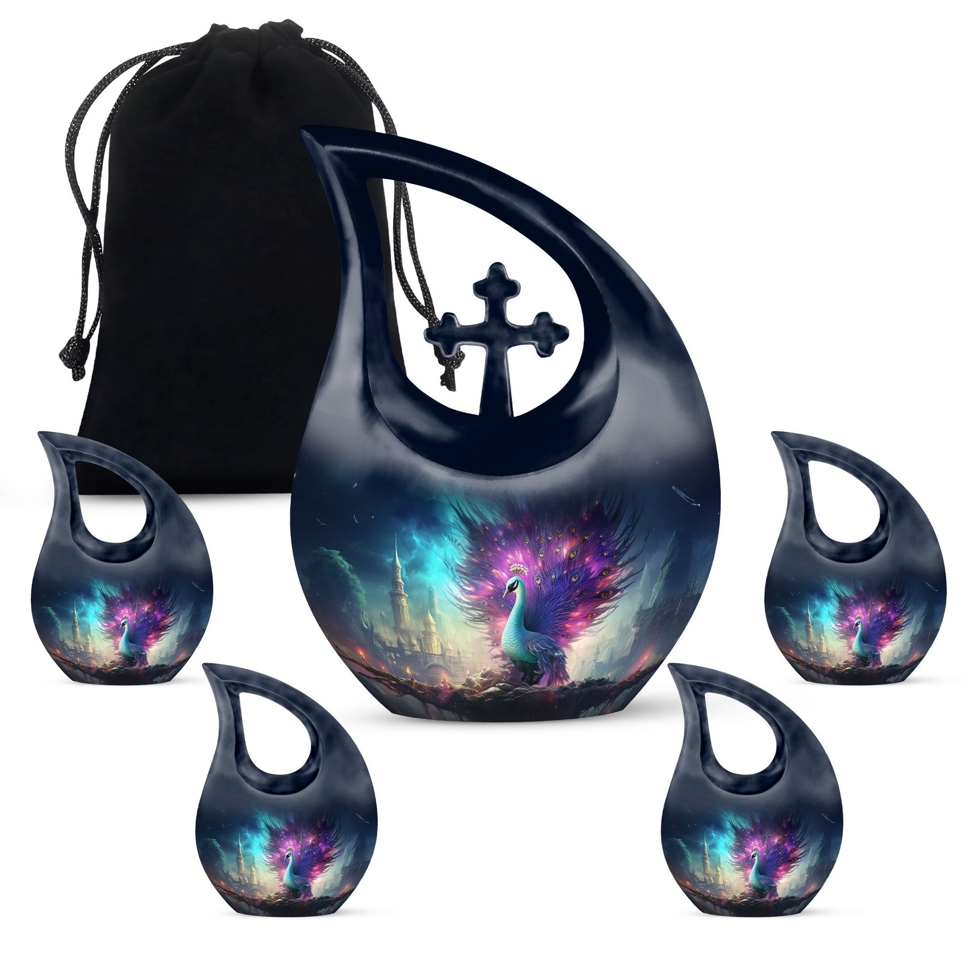 Peacock urn with Cross Drop design