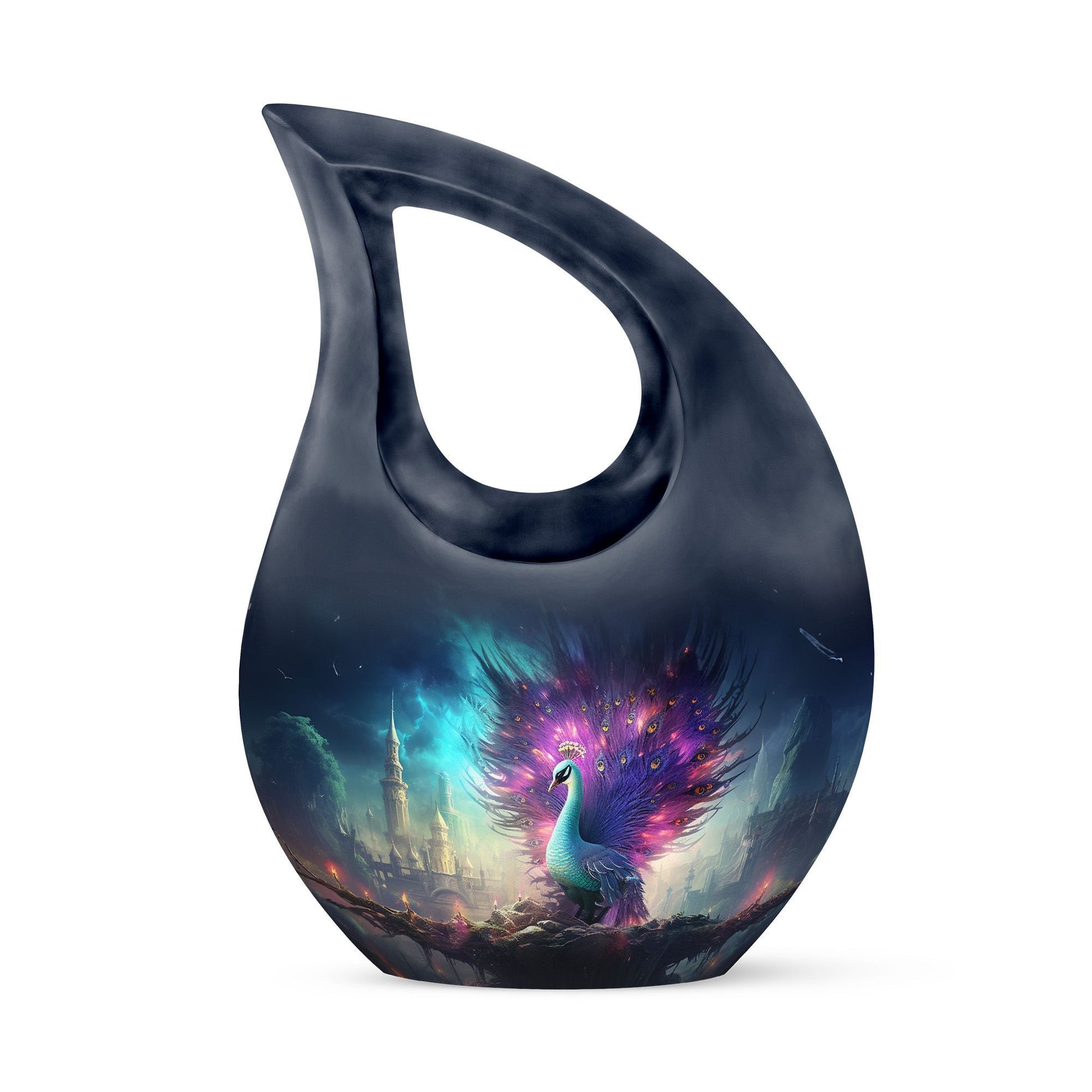 Peacock urn with Cross Drop design