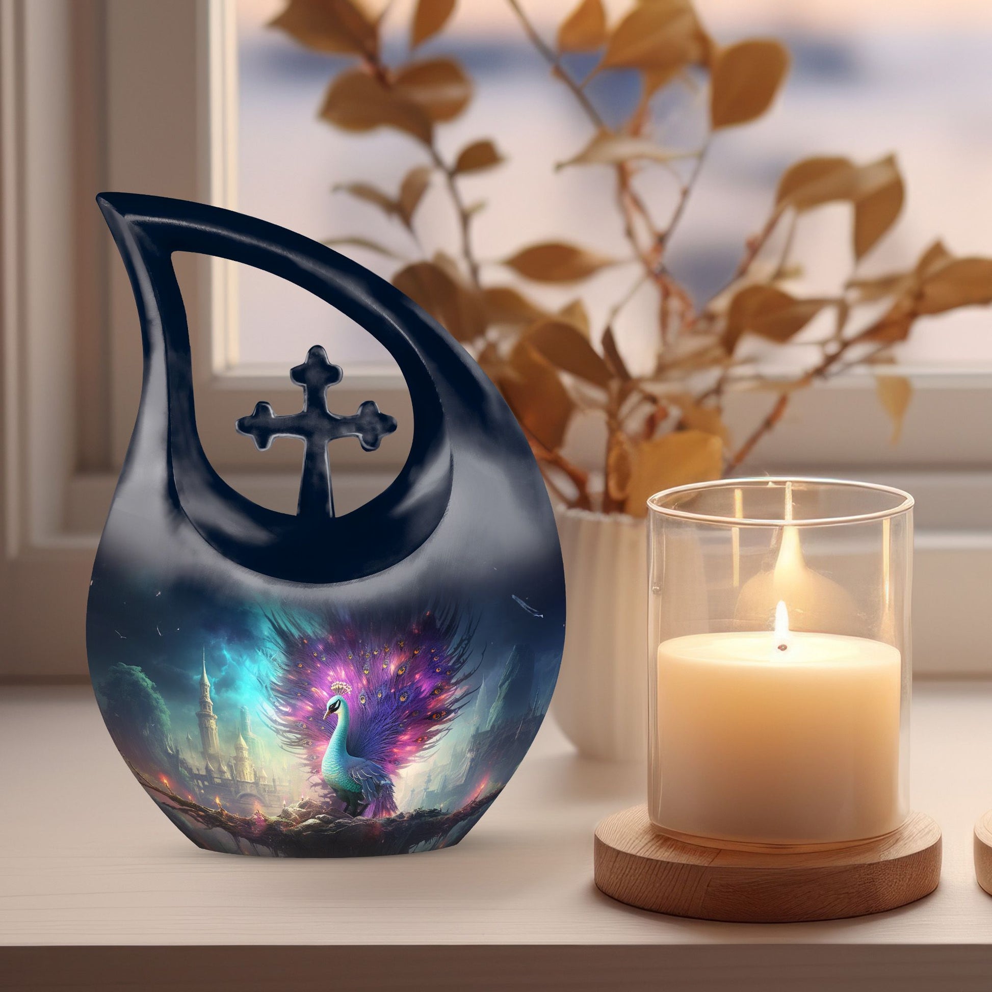 Peacock urn with Cross Drop design