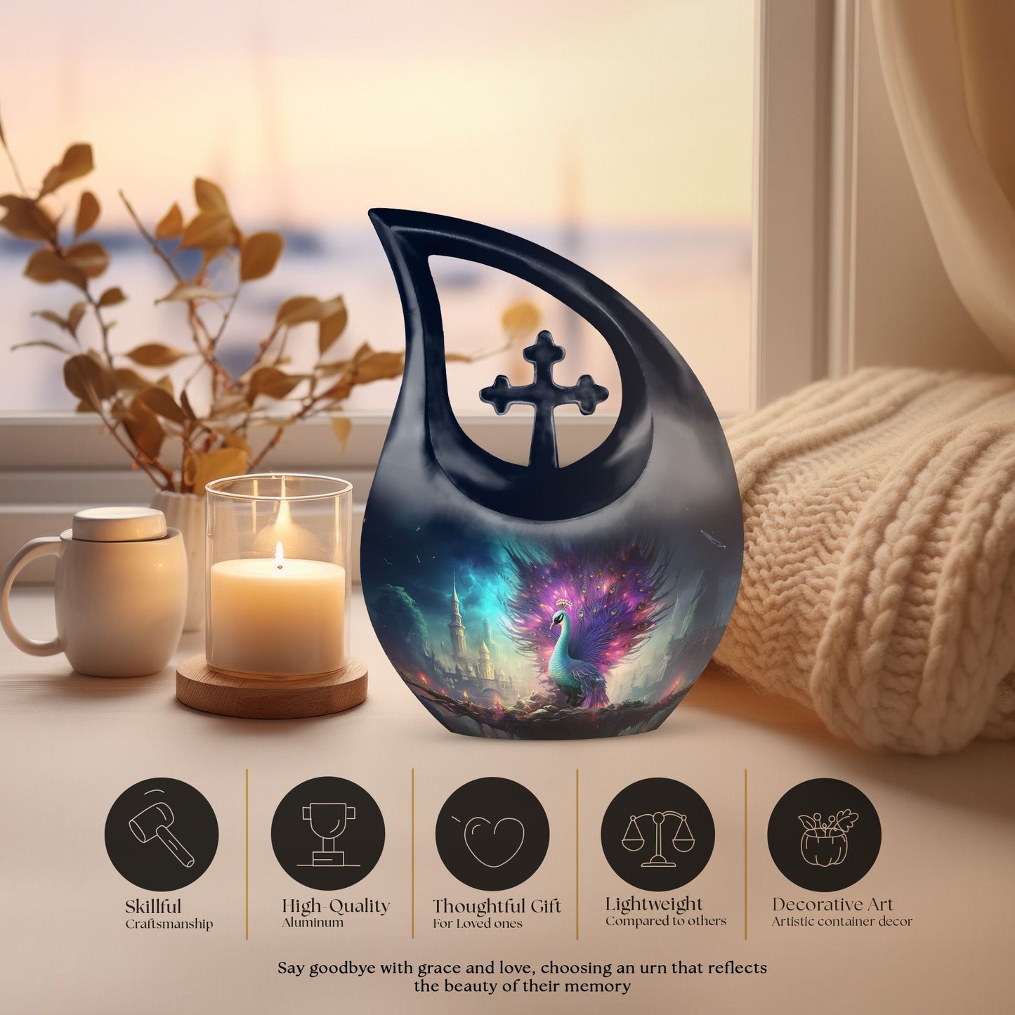 Peacock urn with Cross Drop design